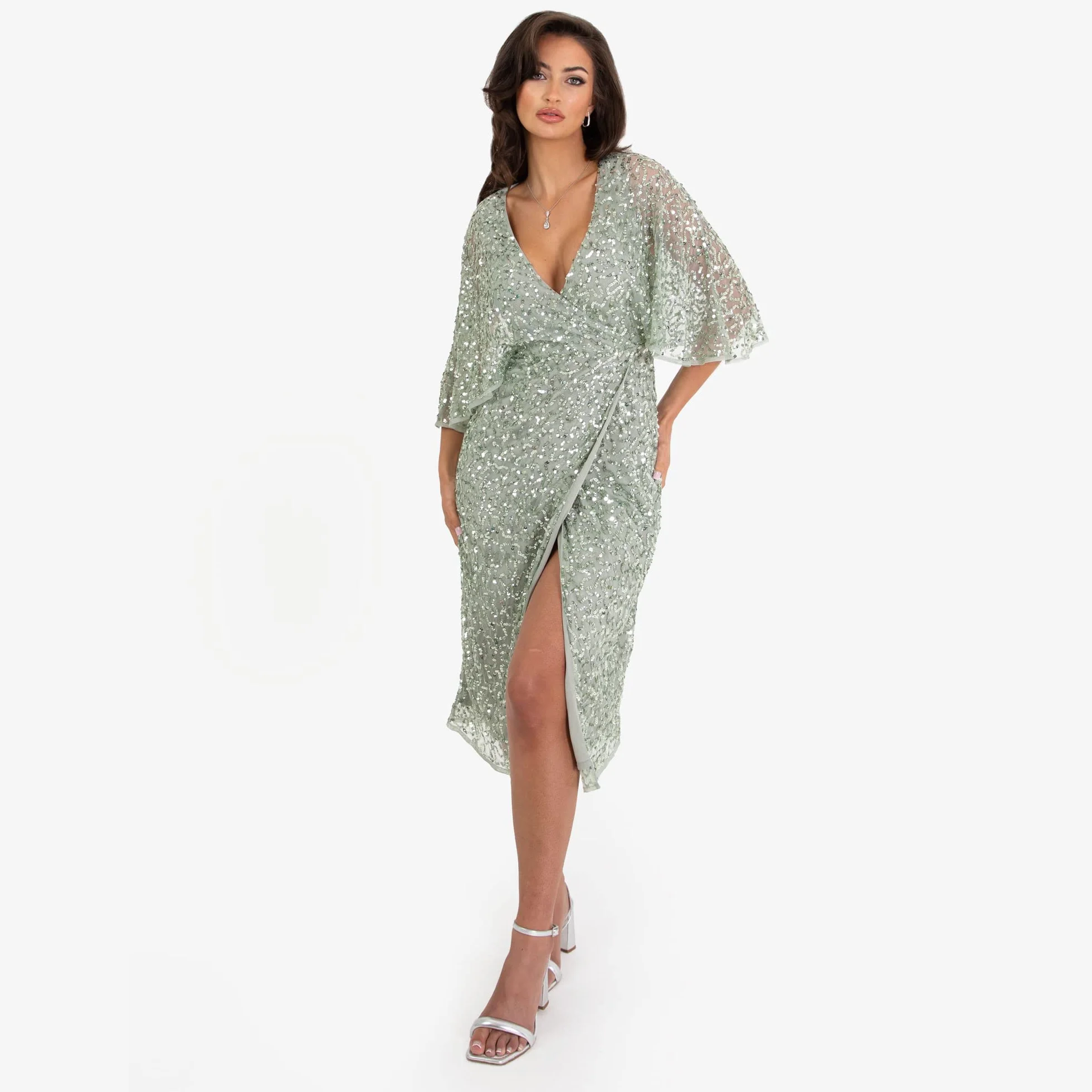 Maya Deluxe Sukienka Kobiety Womens Midi Dress Ladies Sequin Embellished Cape Sleeve Wrap Dress For Wedding Guest Bridesmaid Cocktail Prom Evening