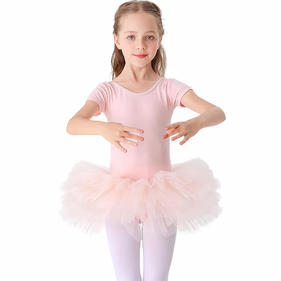 Bezioner Dziewczyna Tutu do tańca Body baletowe Leotard sukienka gimnastyczna z krótkim rękawem różowa (koń z guzikiem) 120