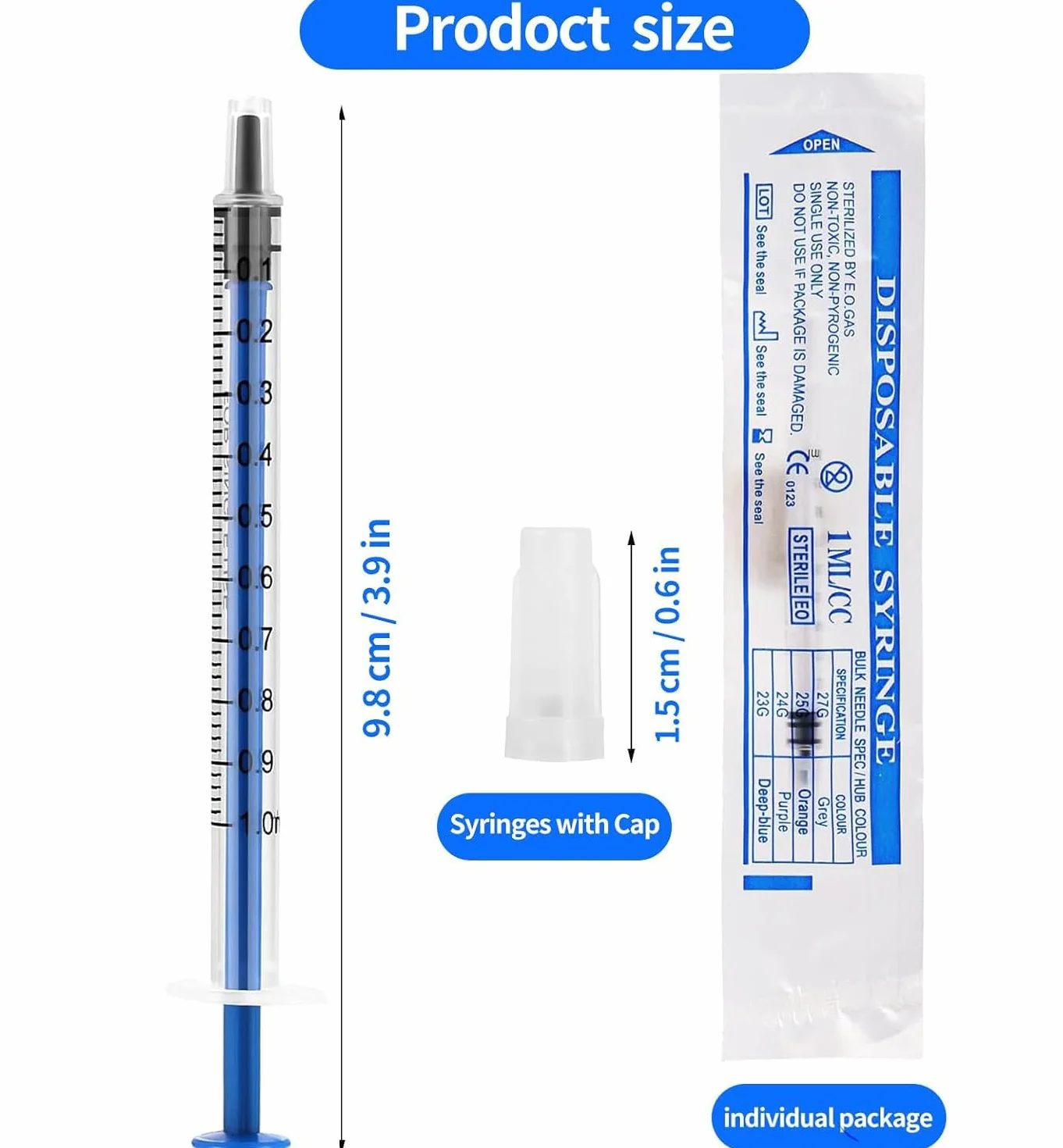 40 sztuk strzykawek 1 ml, małe, sterylne, plastikowe, strzykawki z nasadką, strzykawki do pomiaru i dozowania płynów, do karmienia małych zwierząt, pakowane pojedynczo strzykawki jednorazowe