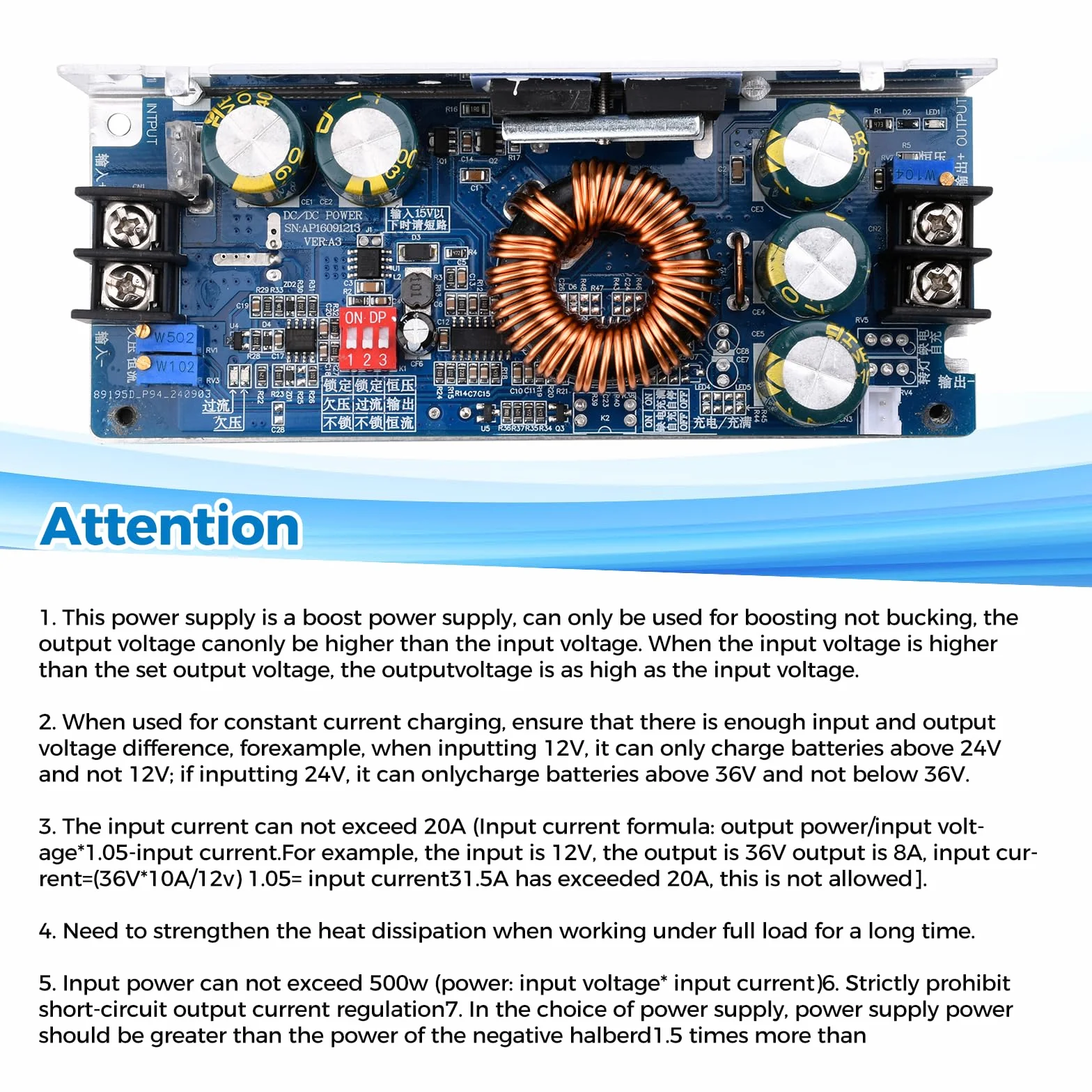 DC-DC regulowany Boost Converter 500 W, 20 A, stałe napięcie, moduł zasilający z ochroną przed odwrotną polaryzacją i regulacją temperatury.