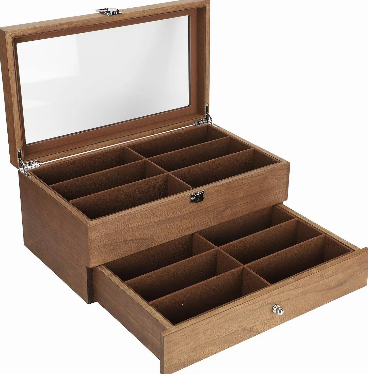 Drewniany organizer na okulary przeciwsłoneczne, warstwowe etui na okulary, pudełko do przechowywania okularów retro ze szklaną pokrywką i szufladą dla kobiet mężczyzn