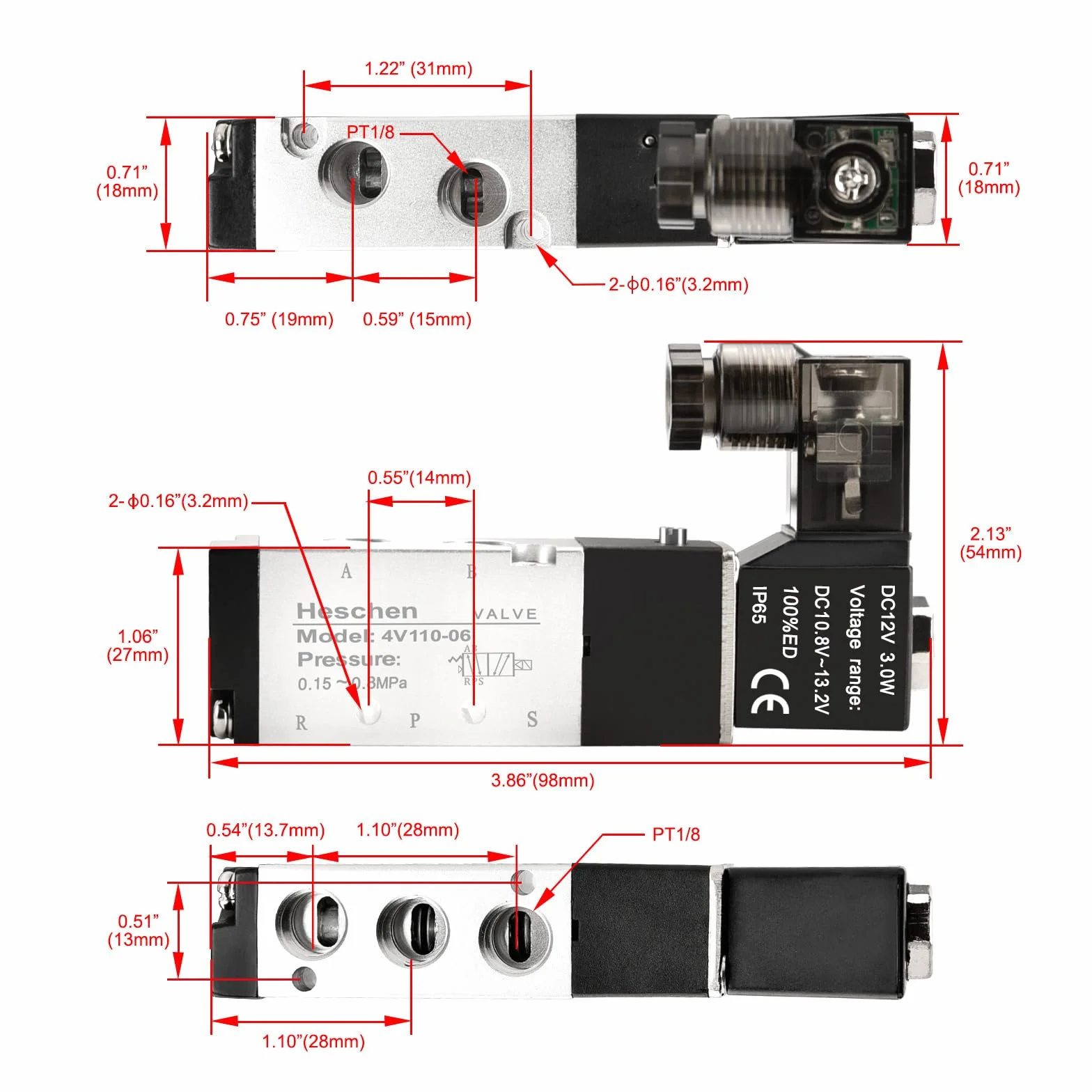 Heschen Elektryczny pneumatyczny zawór elektromagnetyczny 4V110-06 24VDC PT1/8 5-drożny 2-pozycyjny pojedynczy cewka sterowany pilotem elektryczny CE ze złączkami i tłumikiem (24 V DC)