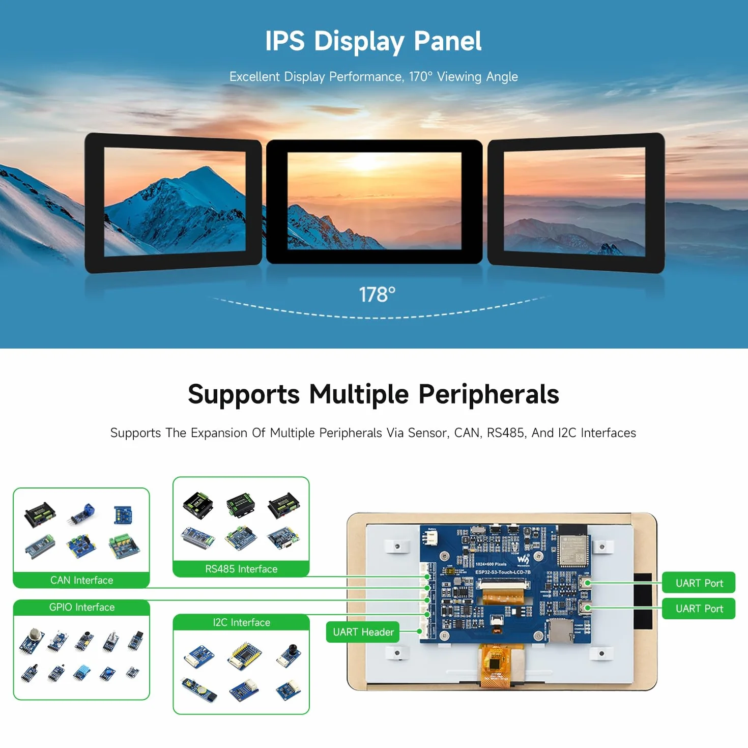 Waveshare ESP32-S3 Display 7inch LCD Development Board, 1024x600 Resolution, 32-bit LX7 Dual-Core Processor 240MHz, Wi-Fi & BT Support, Onboard Antenna, with Touch