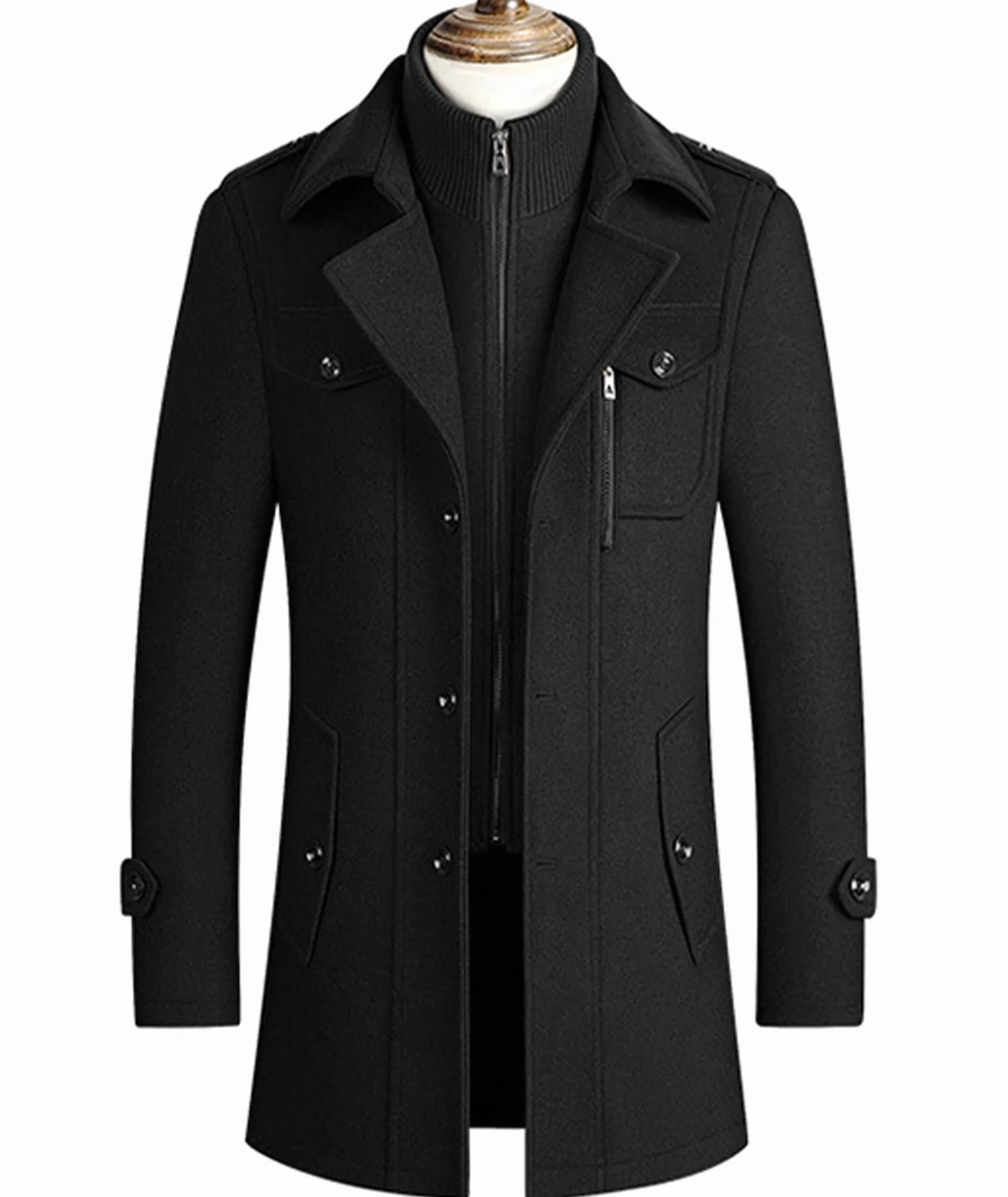 ECDAHICC Męski płaszcz zimowy Slim Fit, dwuczęściowy płaszcz do biznesu, na czas wolny, wełniany płaszcz ze stójką Peacoat