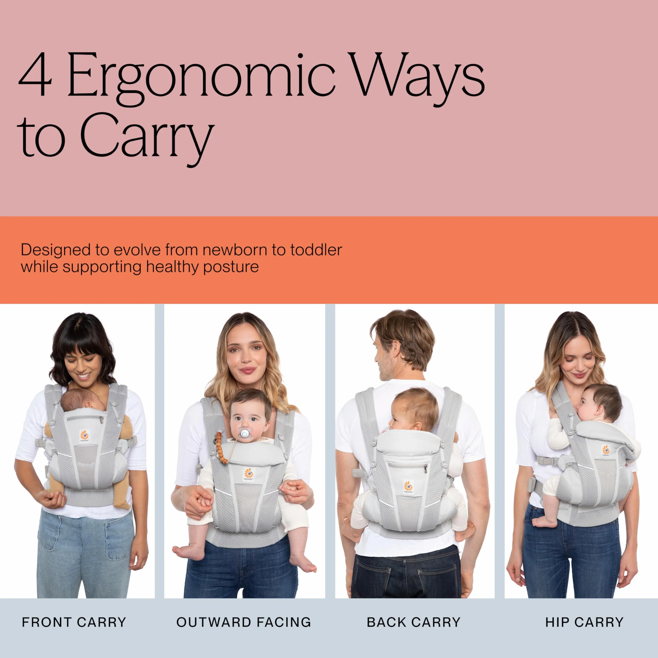 Ergobaby Omni Breeze Nosidełko dla noworodków od urodzenia do 20 kg, 4 pozycje SoftFlex Mesh Ergonomiczne nosidełko dla niemowląt Nosidełko do noszenia na plecach, Heathered Denim Blue