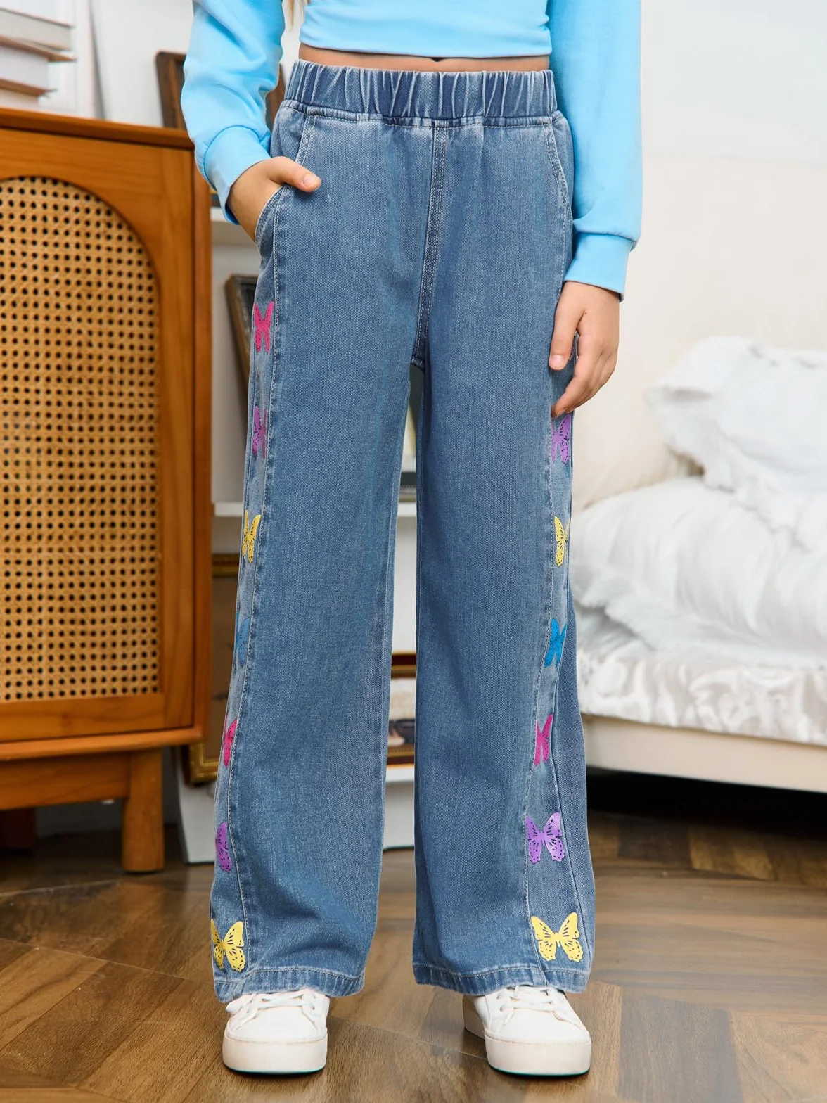 Dżinsy dziewczęce z nadrukiem motyla szerokie nogawki elastyczne streetwear z kieszeniami