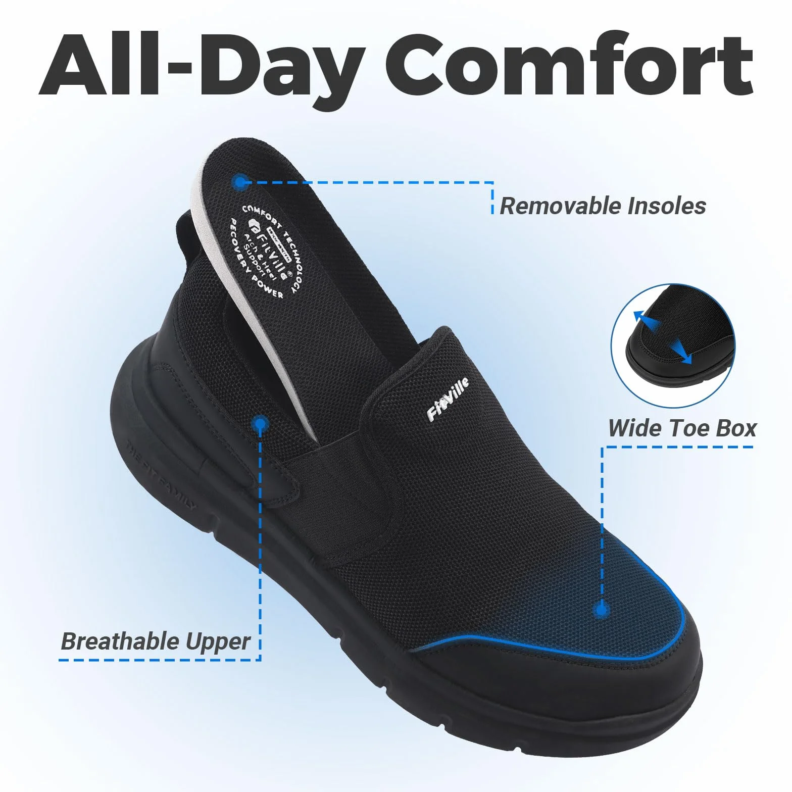 FitVille Slip On Sneaker Męskie bardzo szerokie buty treningowe Antypoślizgowe buty do chodzenia Szerokie buty outdoorowe Wygodne lekkie oddychające buty codzienne