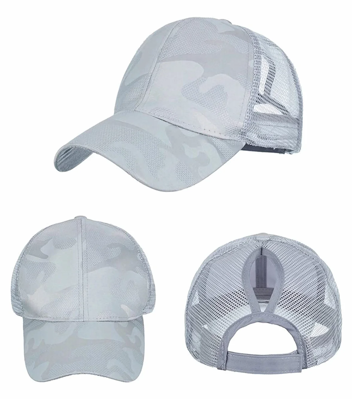 Ruicheng Czapka damska z końskim ogonem baseballowa z siateczki Camo Basecap letnia szary 56-60