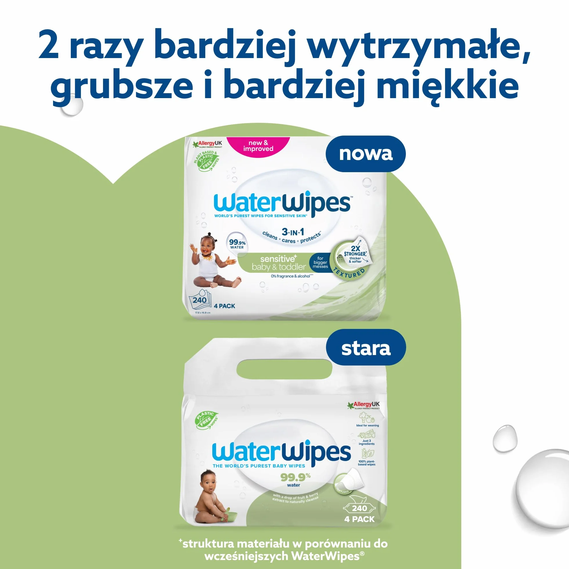 WaterWipes Sensitive+ Baby & Toddler Wipes, Chusteczki dla niemowląt i małych dzieci, 240 sztuk (4 opakowań), 3 w 1: delikatnie oczyszczają, pielęgnują, chronią, 99.9% wody, bezzapachowe
