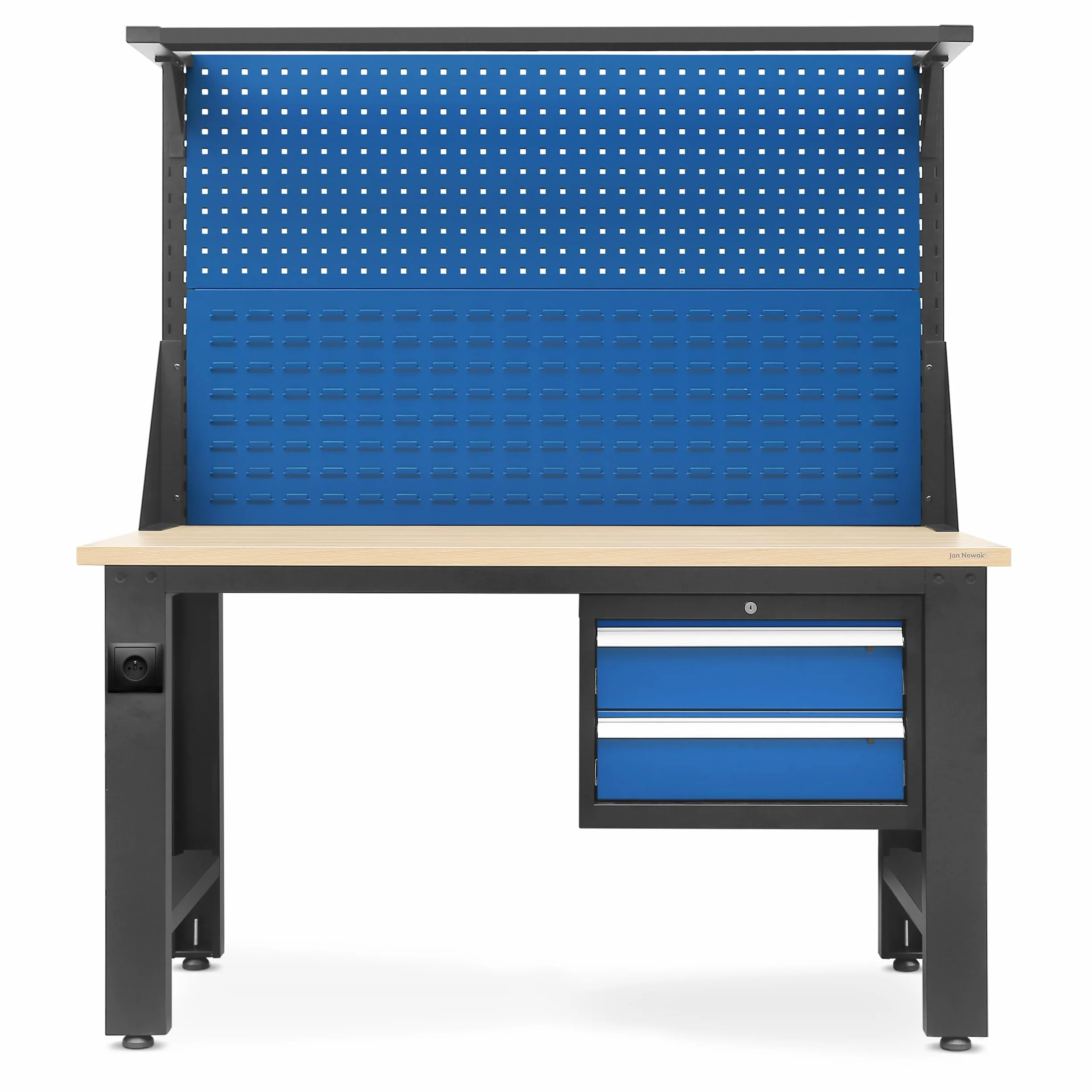 Jan Nowak Stół Warsztatowy Narzędziowy Metalowy z Tablicą Perforowaną na Narzędzia LOGAN | Solidny Blat 2 Szuflady Regulowane Nogi Stelaż na Lampę | 170 cm x 150 cm x 75 cm (Antracytowo-Niebieski)