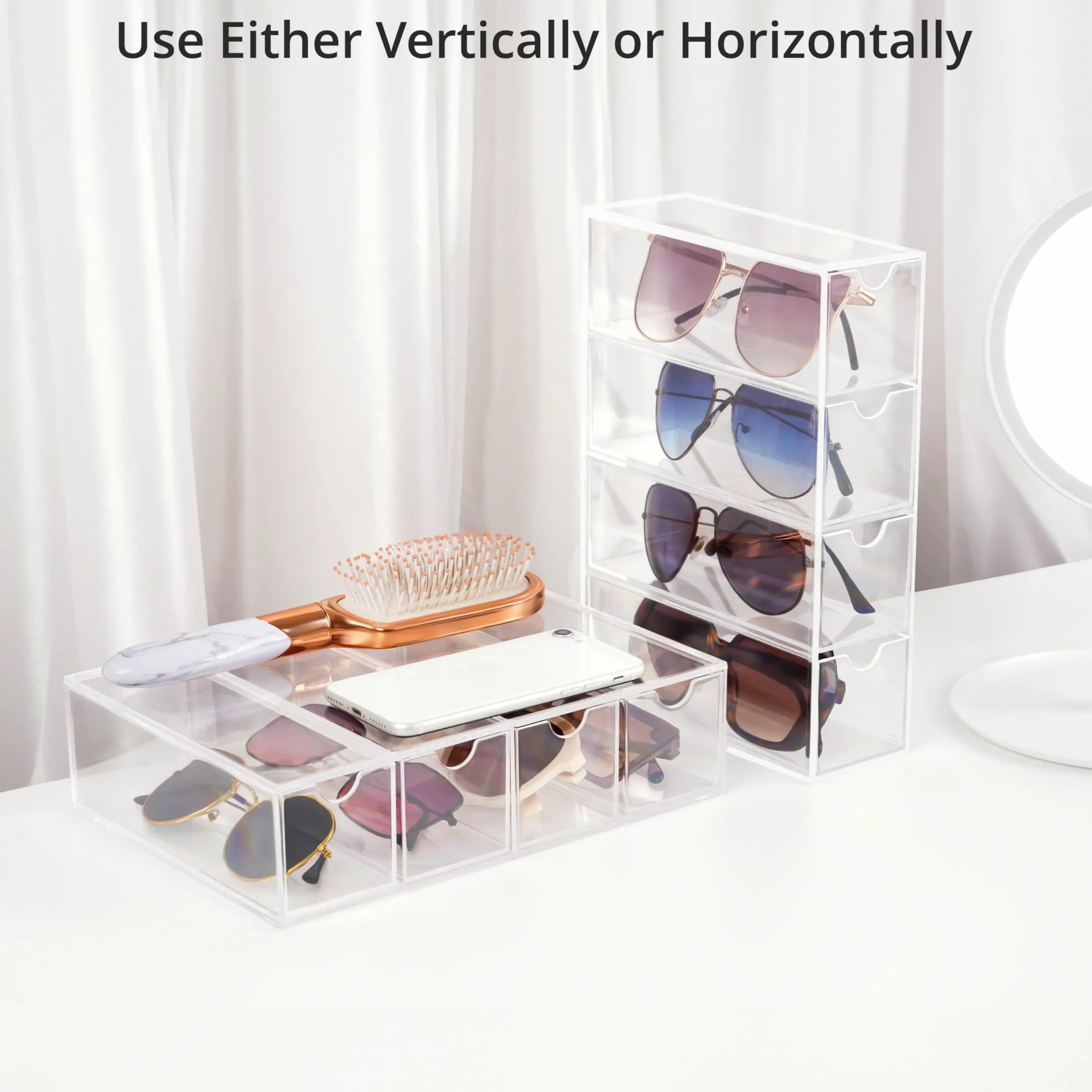 Winter Shore Organizer na Okulary z Akrylu z 4 Szufladami [Zestaw 2szt.] - Przezroczysty Pojemnik na Okulary, Okulary Przeciwsłoneczne i Akcesoria - Zestaw 2 Stosowalnych Organizerów na 8 Par Okularów