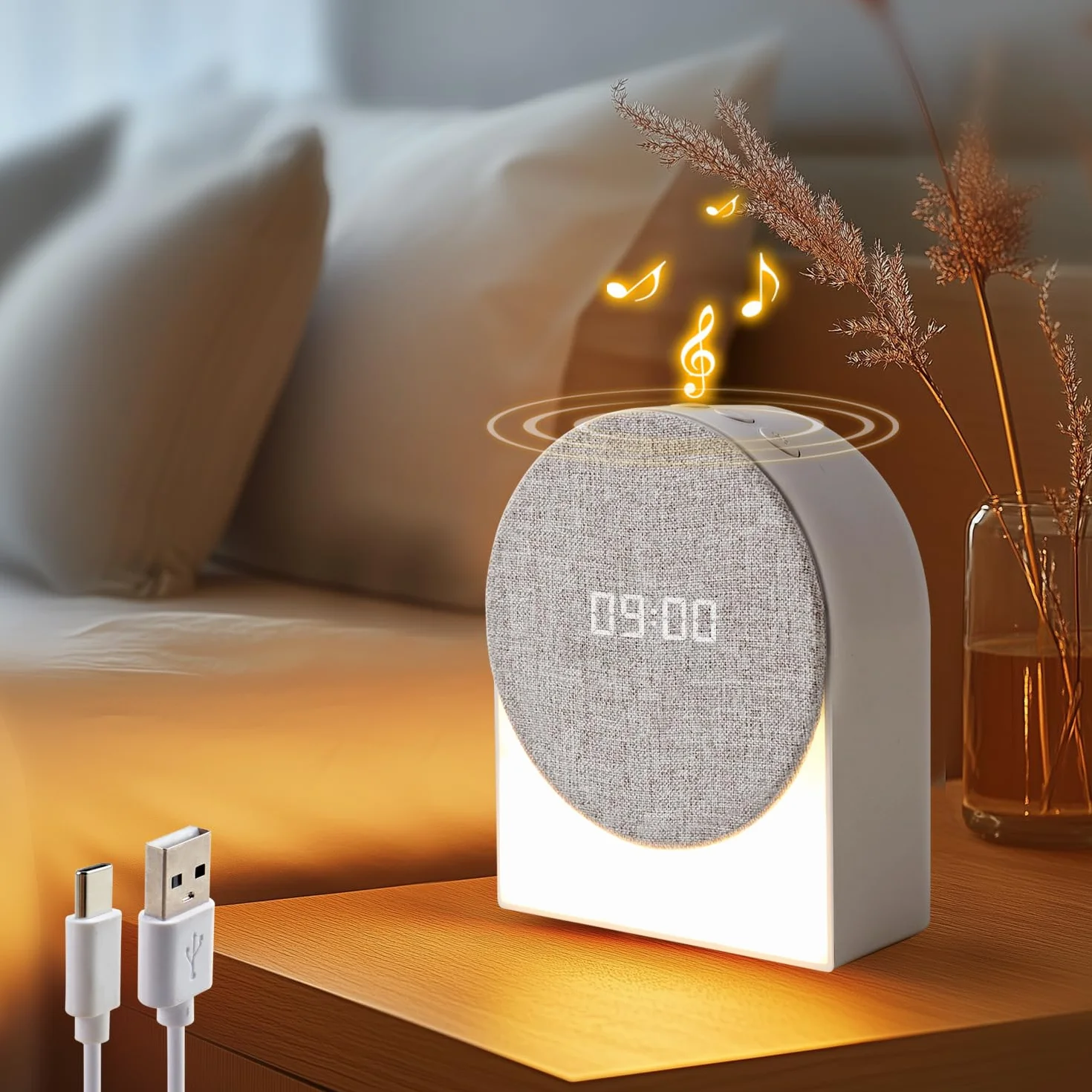 Biały szum z 6 muzykami, pomoc w zasypianiu, cyfrowy budzik i lampka nocna, ładowanie przez USB, pomoc w zasypianiu dla dzieci, uczniów, pracowników biurowych