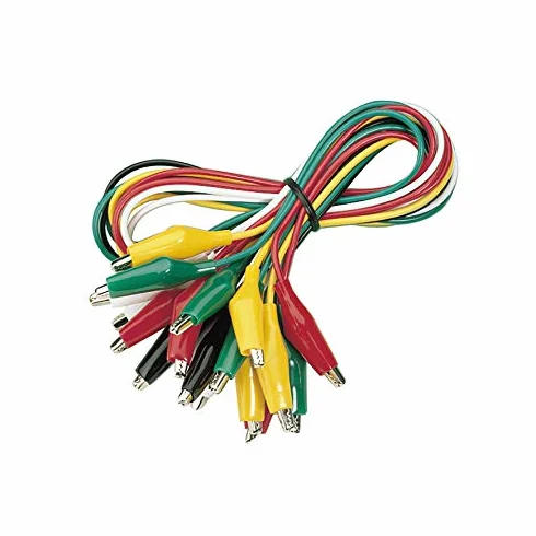 Zestaw kabli z zaciskami krokodylowymi | 10 sztuk | po 2x czerwone, zielone, czarne, białe i żółte | 50 cm długości kabla | kable testowe z izolowanymi zaciskami | wtyki bananowe z zaciskiem obwodowym