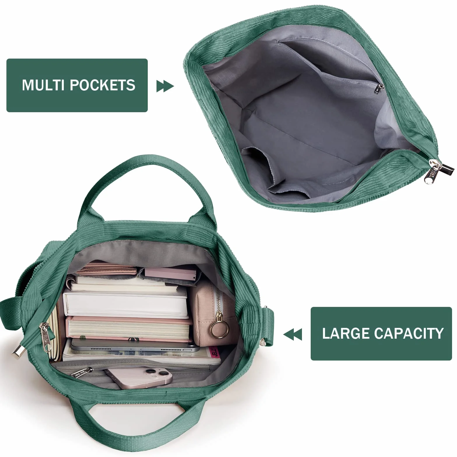 KALIDI Sztruksowa torba hobo, tote, torebka crossbody, duża pojemność, na ramię, z zamkiem błyskawicznym, dla kobiet, dziewcząt, do szkoły, na uczelnię i zakupy, do pracy, Jasnozielony, Large