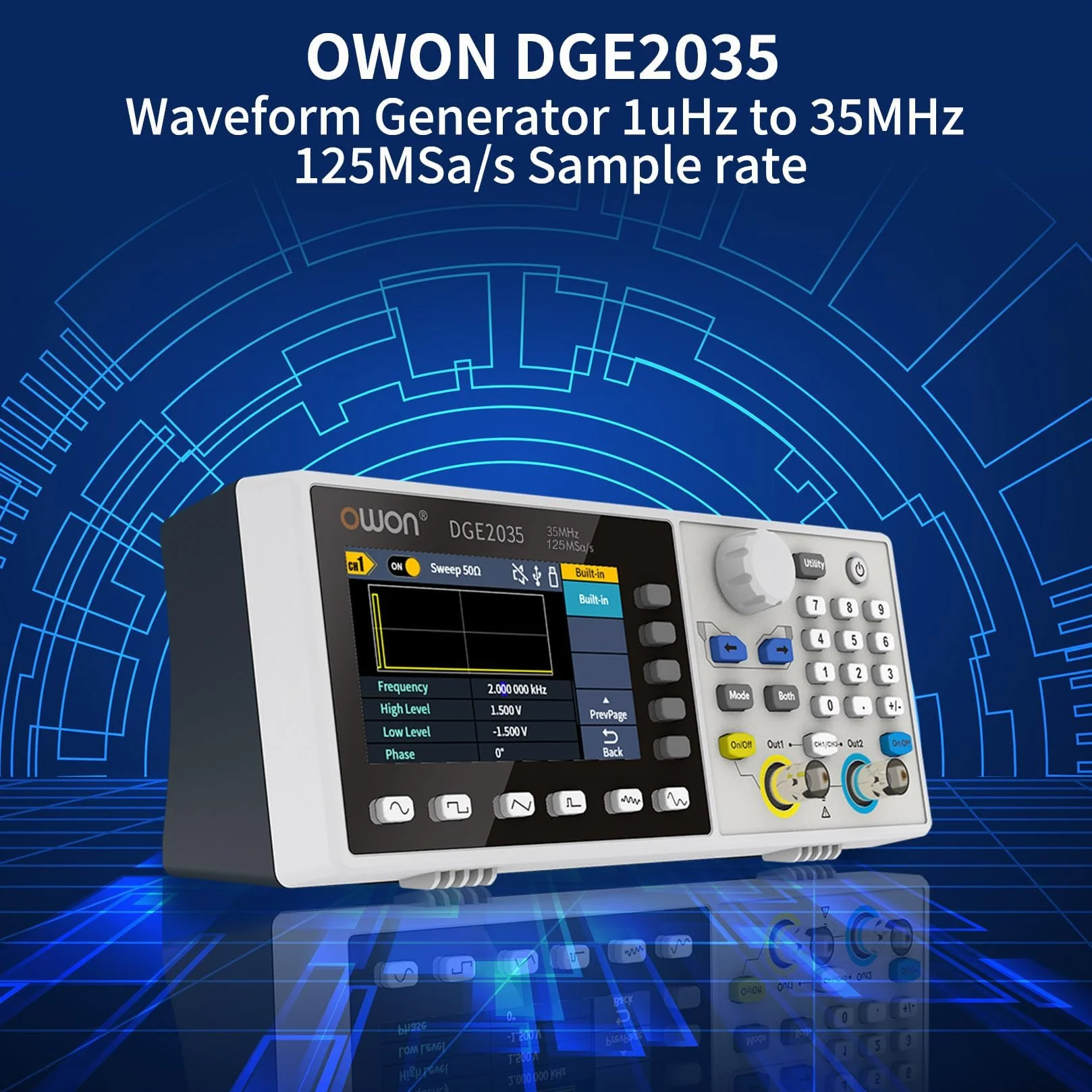 OWON DGE2035 przenośny generator, dowolna fala, wyświetlacz LCD 3,6 cala podwójne kanały 35 MHz częstotliwość wyjściowa maks. 125 MSa/s częstotliwość próbkowania z 14-bitowym generatorem przebiegu, 150 wbudowanych dowolnych fal