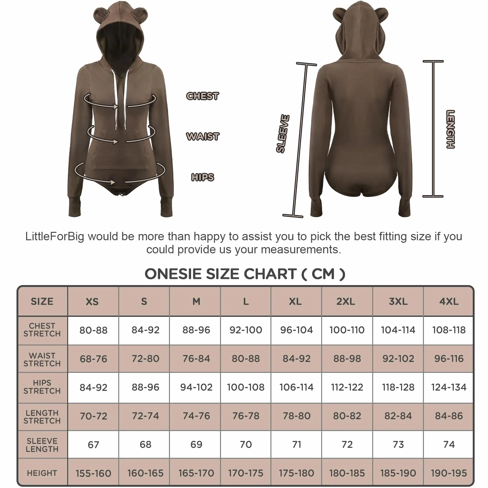 LittleForBig Bawełniany kombinezon jednoczęściowa piżama z kapturem body - przytulny miś bluza z kapturem Onesie
