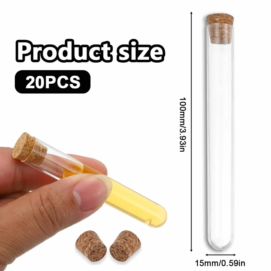 20 sztuk przezroczystych plastikowych probówek z korkiem do kwiatów, soli do kąpieli, cukierków, stołu laboratoryjnego, tuby kwiatowe 15 x 100 mm przezroczyste