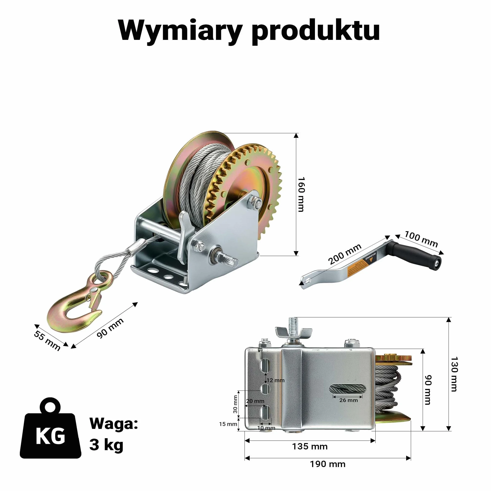 Wiltec ręczna wciągarka linowa do 550kg przełożenie 4.1:1 130 x 190 x 160 mm, wciągarka z liną 10m, ręczna wciągarka linowa, wydajna ręczna wciągarka linowa, leśna wciągarka linowa