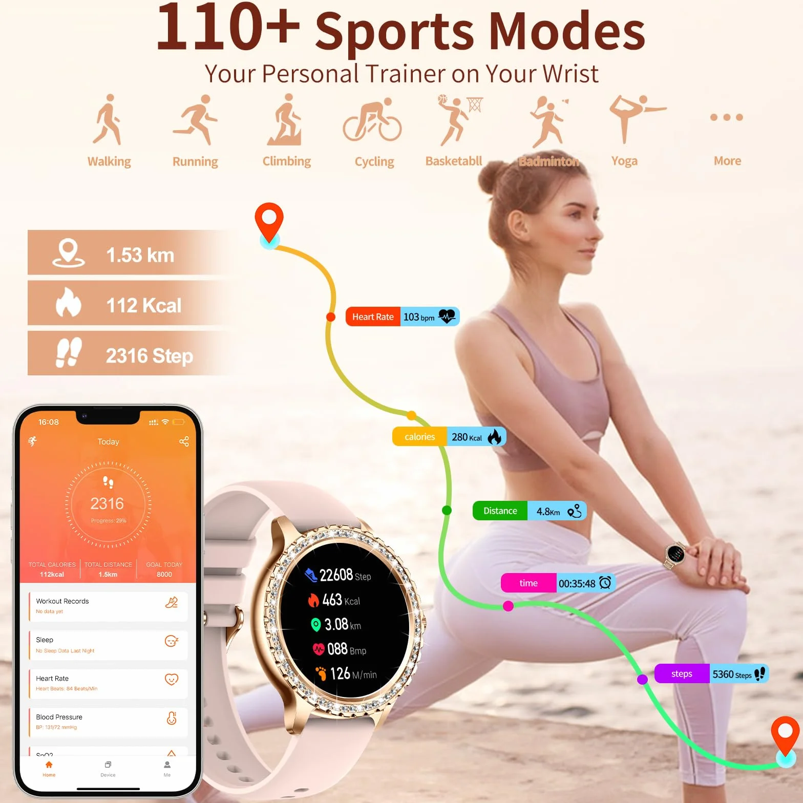 Smartwatch damski Diamond, 1,32", cykl menstruacyjny, pulsometr, monitor snu, sterowanie muzyką, 110 trybów sportowych, zegarek z funkcją telefonu i połączeń