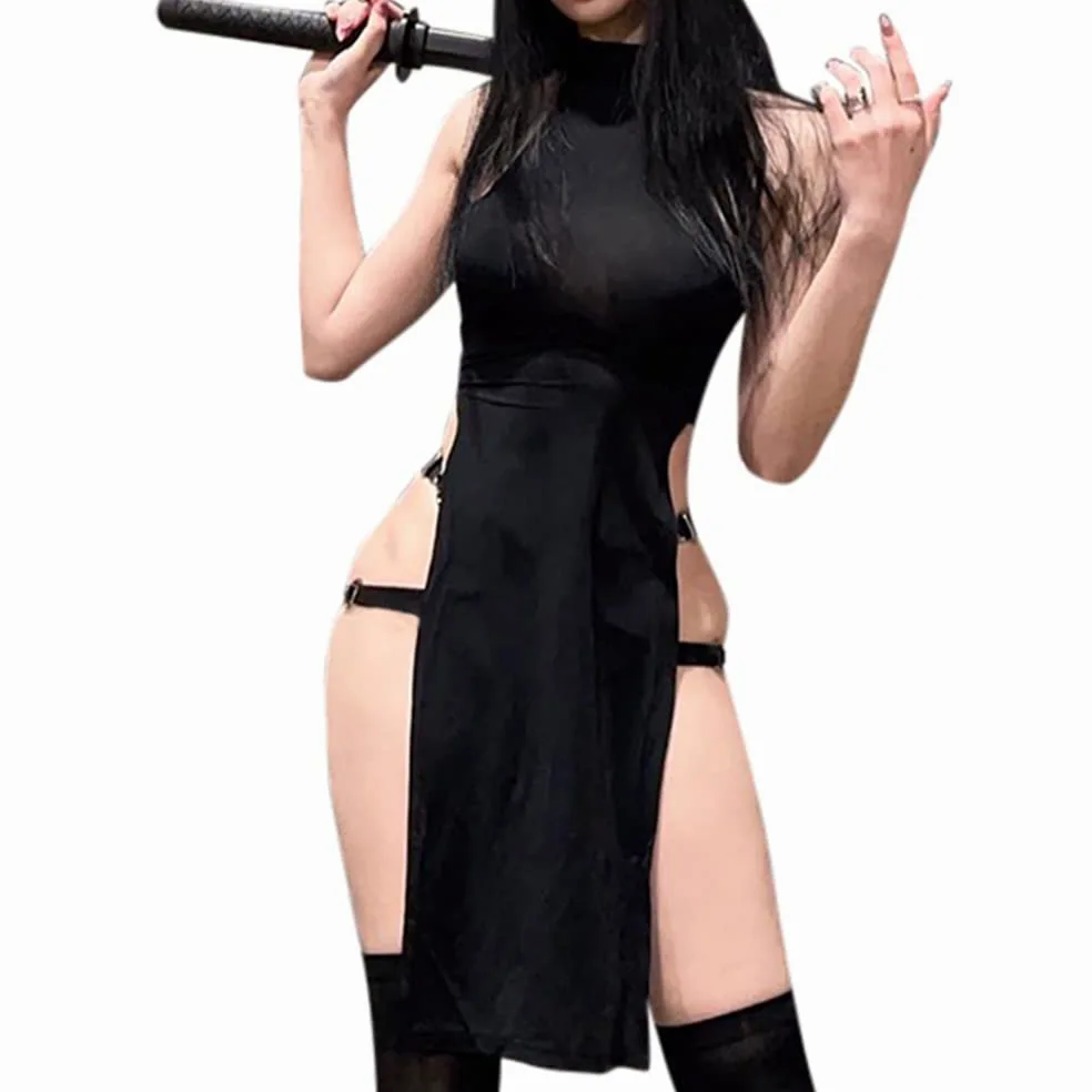 JasmyGirls Seksowna bielizna cosplay z wysokim rozcięciem, sukienka babydoll, Halloween, anime, ninja, strój do odgrywania ról, gotycka, wysoka talia, bez rękawów