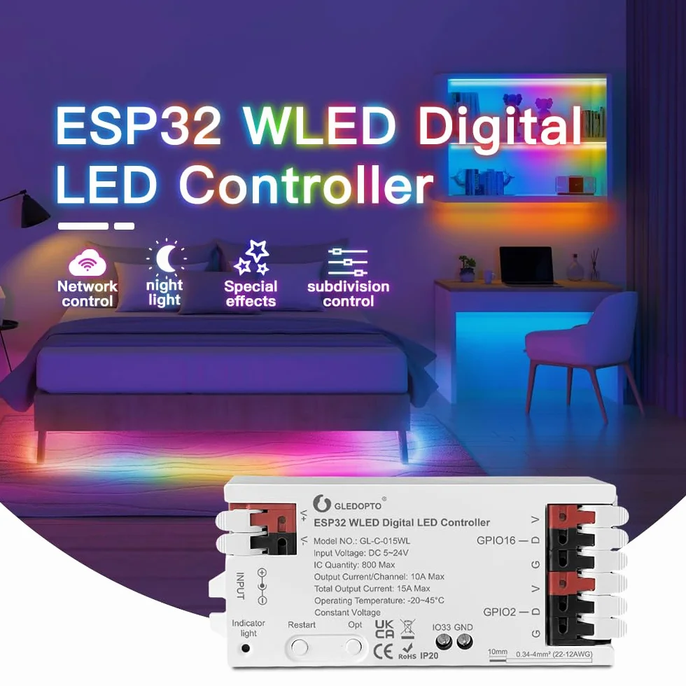 GLEDOPTO ESP32 WLED kontroler taśmy LED 5-24 V tryb dynamiczny RGB DIY port sterowanie aplikacją łatwe okablowanie FCOB adresowalna taśma świetlna do WS2811 WS2812 SK6812 TM1814 WS2813 (015WL)