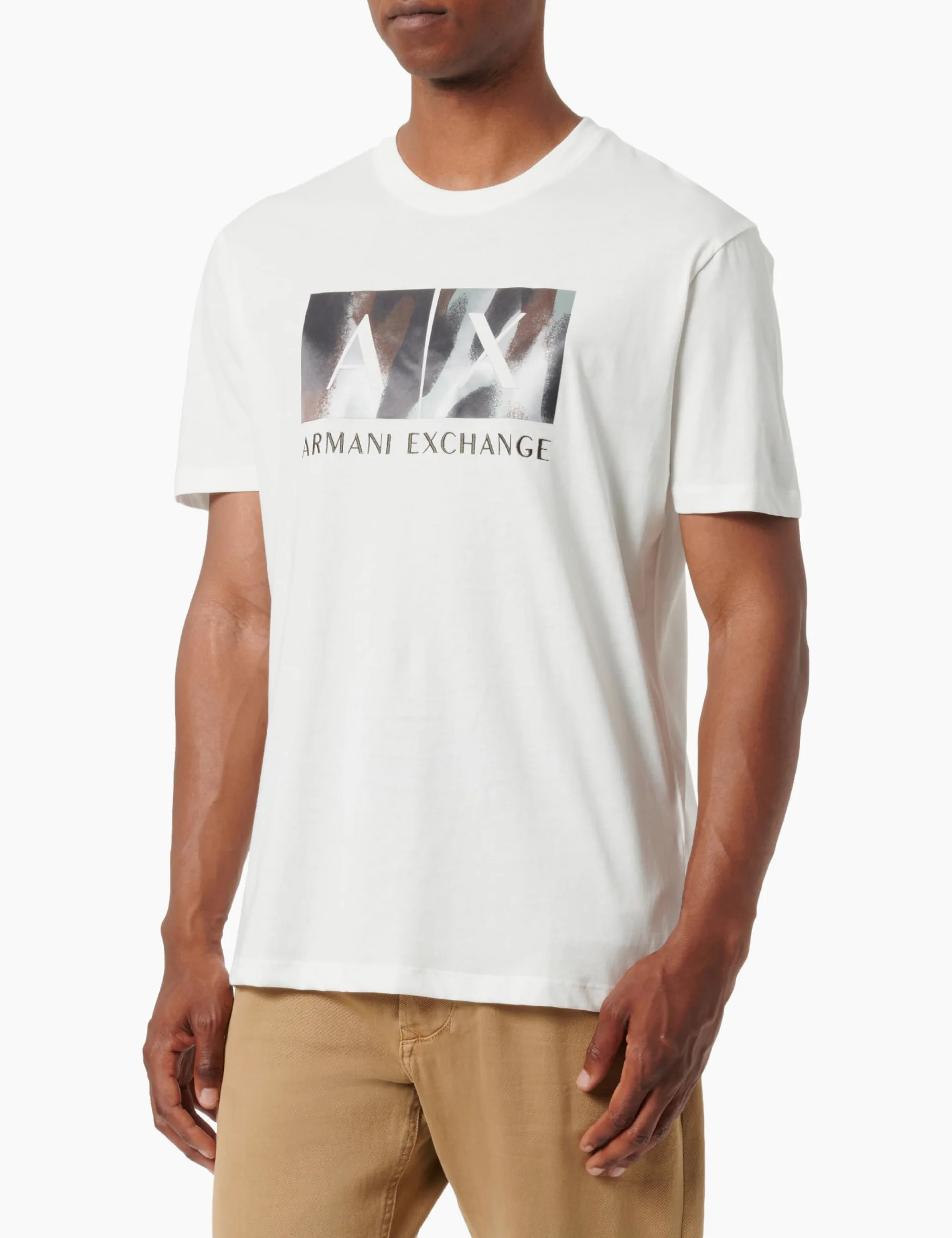 Armani Exchange Męska koszulka Classic Ax Box z logo Camo Background Regular Fit Tee T-Shirt, Off White, XL