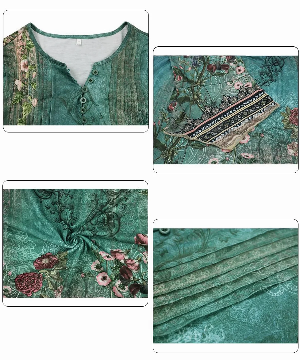 ABYOVRT Elegancka bluzka damska, dekolt w serek, rękaw 3/4, tunika, top, luźna bluzka w kwiaty, Henley, długa koszulka w luźnym stylu, koszulka z długim rękawem, S-XXL