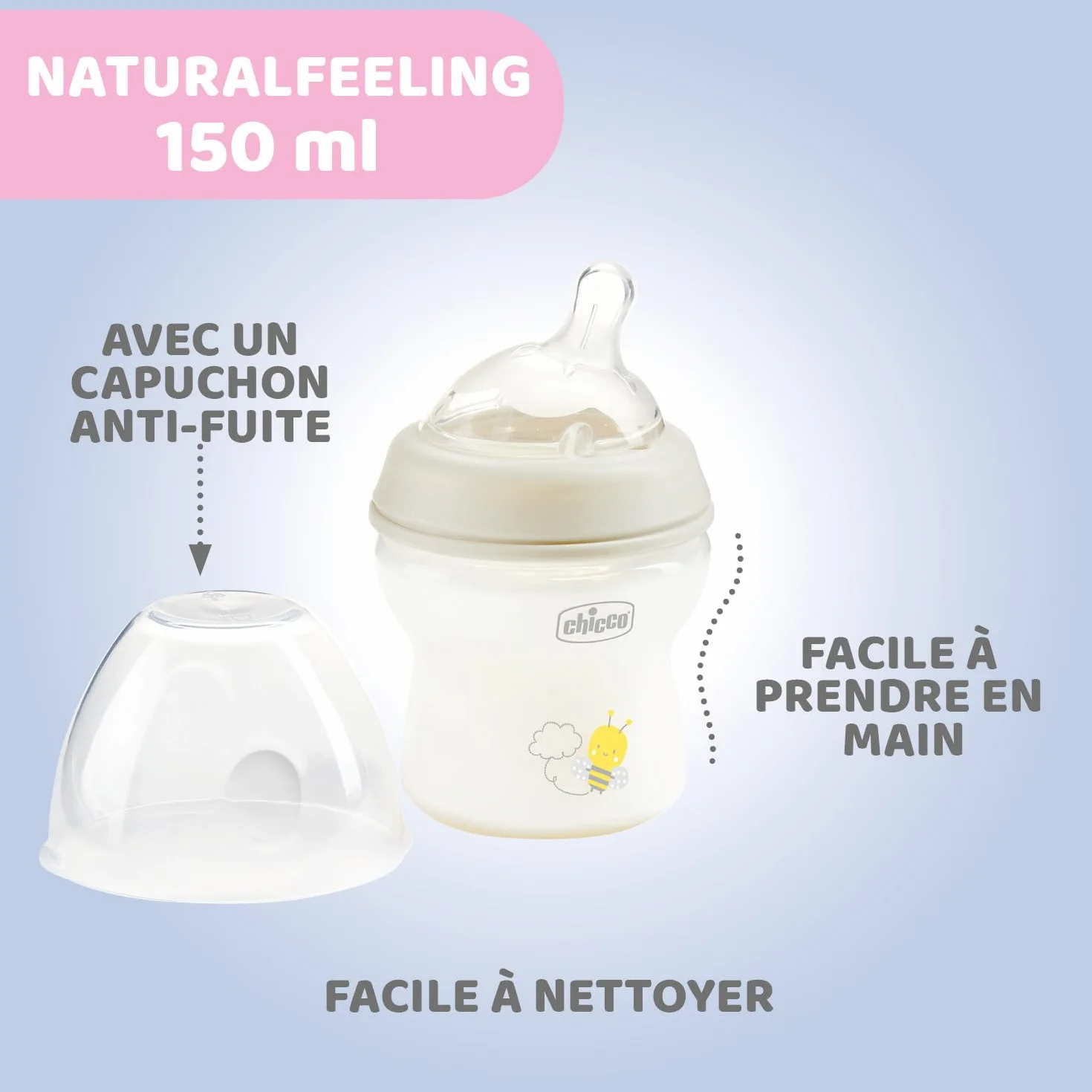 Chicco Butelka Natural Feeling, Antykolkowa, Dla Niemowląt 0 miesięcy + 150 ml, z Miękkim i Elastycznym Silikonowym Smoczkiem, Odpowiednia do Karmienia Naprzemiennego, Przepływ Wolny, kolor neutralny