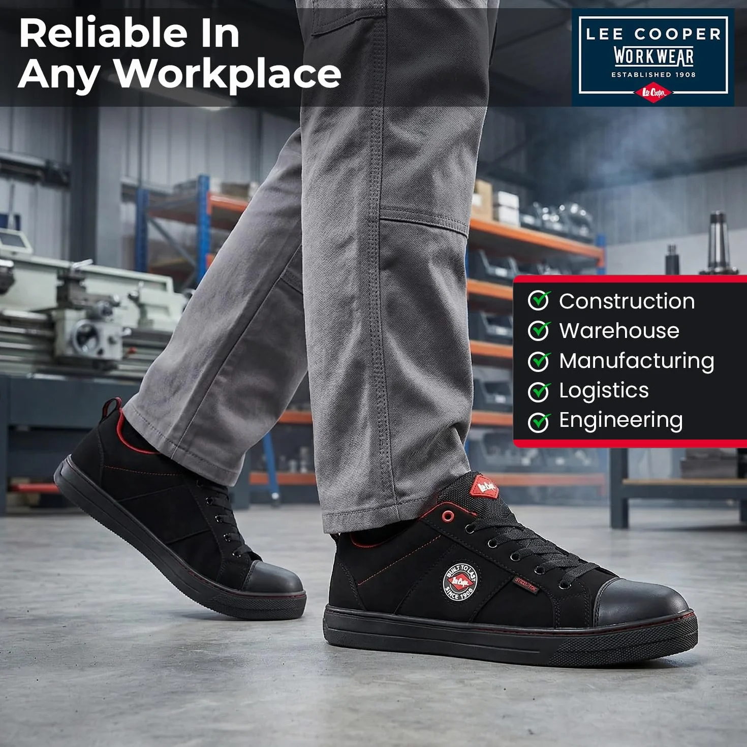 Lee Cooper ‎LCSHOE054 Unisexowe obuwie ochronne robocze SB/SRA w stylu retro baseball nowoczesny design buty robocze BHP, Czarny, 44 EU