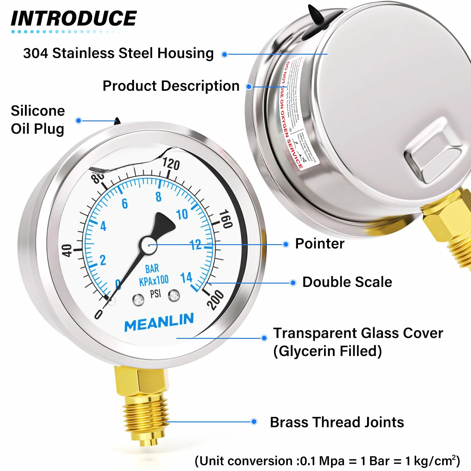 MEANLIN MEASURE 0~14 BAR/0~200 PSI manometr napełniony płynem, stal nierdzewna 1/4" BSP 2,5" FACE DIAL, WOG część dolna, z gniazdem sześciokątnym 1/4"x 1/2" BSP i 1/4"x 3/8" BSP