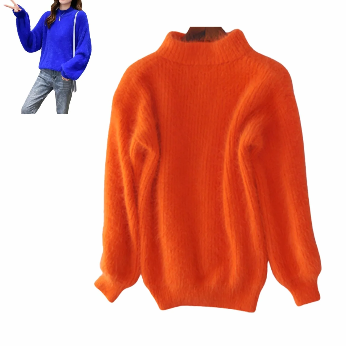 Damski zimowy sweter z mieszanki kaszmiru angora, luźny ciepły sweter, jednolity kolor, okrągły dekolt, dzianinowy pulower, puszysty sweter