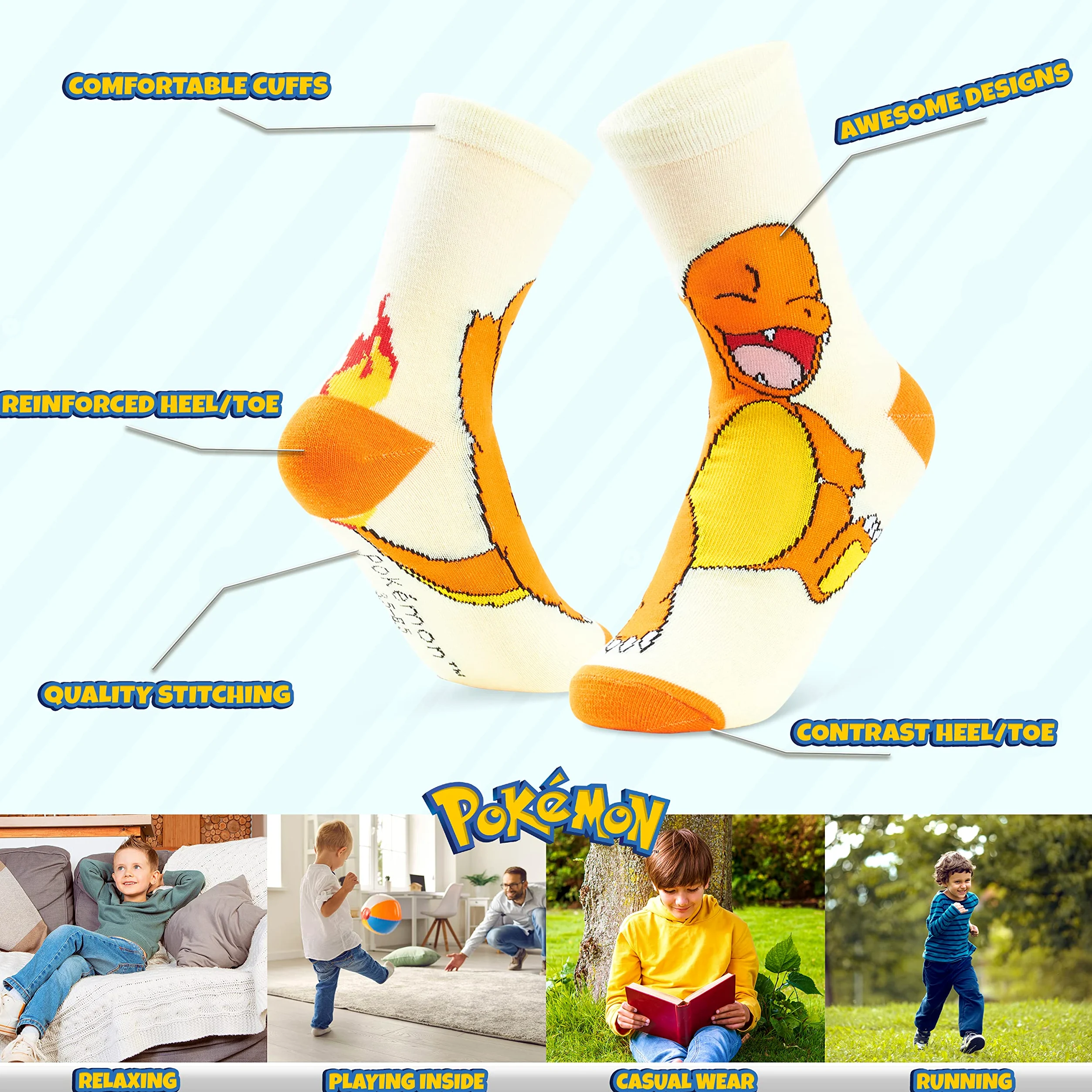 Pokemon Skarpety chłopięce 5 Pakiet Pikachu Skarpety do Kostek Rozciągliwy Oddychający Skarpety Crew dla Chłopców Dziewcząt Nastolatków Kobiet - Rozmiary 11-6 - Prezenty Pokemon