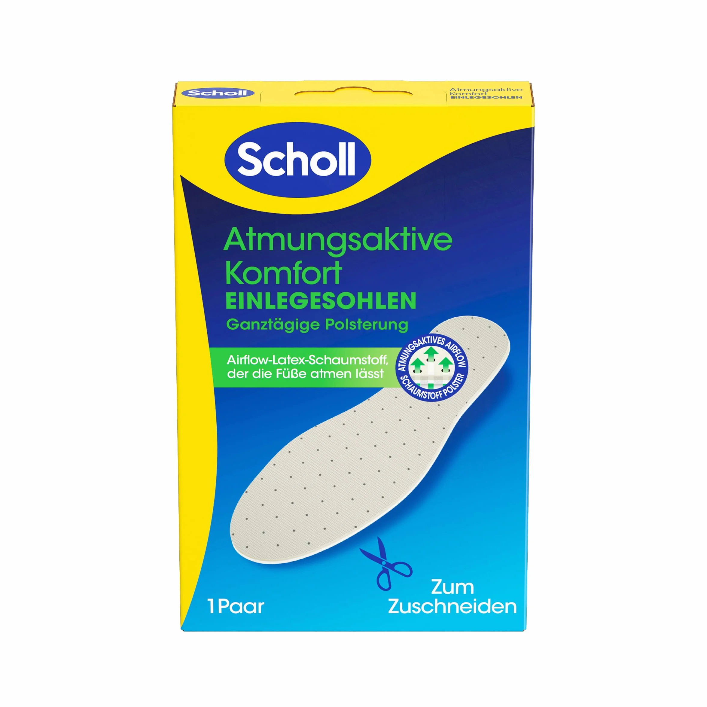 Scholl oddychające wkładki zapewniające całodniową amortyzację i komfort – z pianką lateksową Airflow, wspomagającą oddychanie stóp, biała warstwa pianki, dokładnie dopasowane wkładki do butów, 36-46