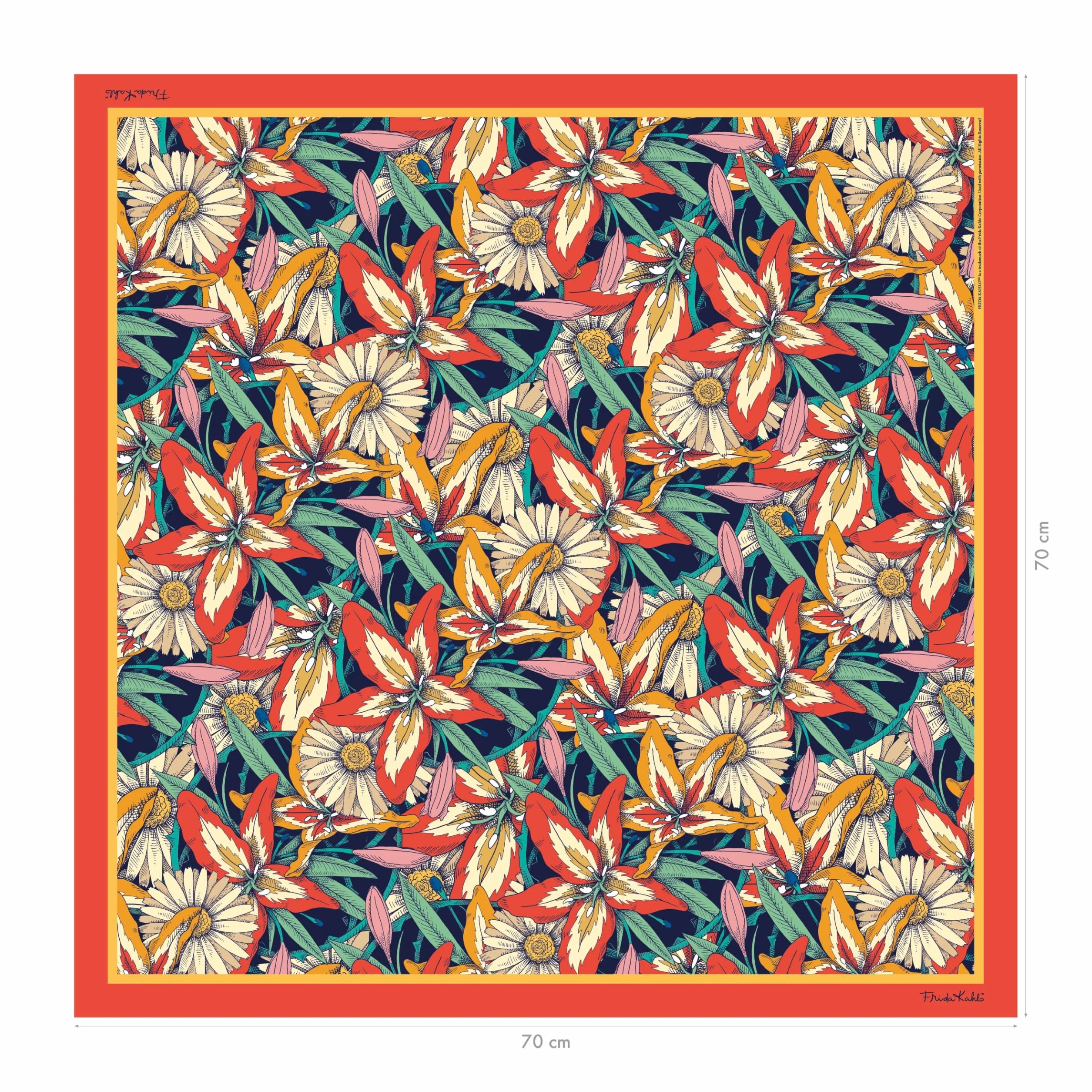 Clairefontaine - 116235C – Elegancka apaszka z kolorowym kwiatowym motywem Frida Kahlo – Artystyczny i modny dodatek – 100% satynowy poliester – 70 × 70 cm – Kolekcja Frida Kahlo
