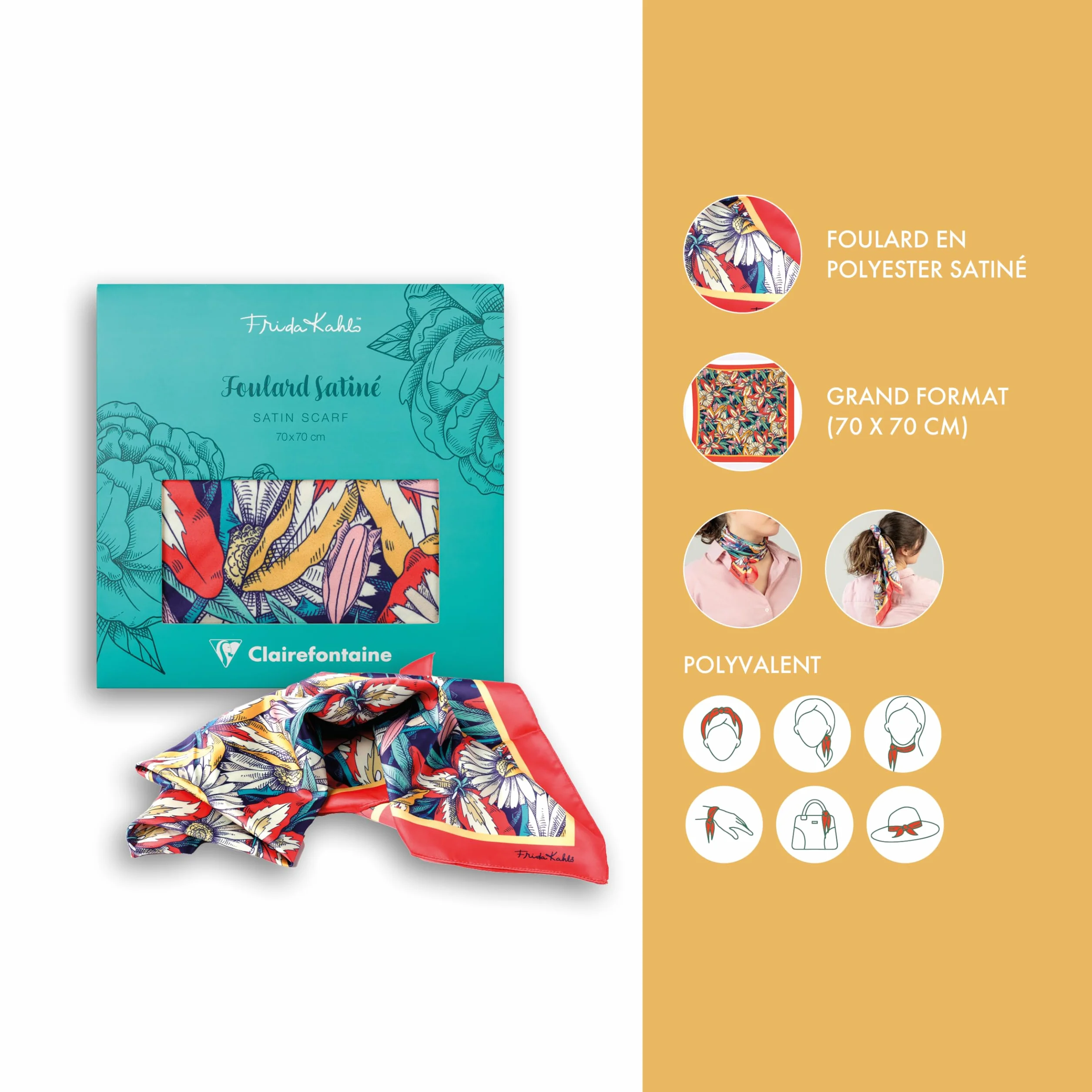 Clairefontaine - 116235C – Elegancka apaszka z kolorowym kwiatowym motywem Frida Kahlo – Artystyczny i modny dodatek – 100% satynowy poliester – 70 × 70 cm – Kolekcja Frida Kahlo