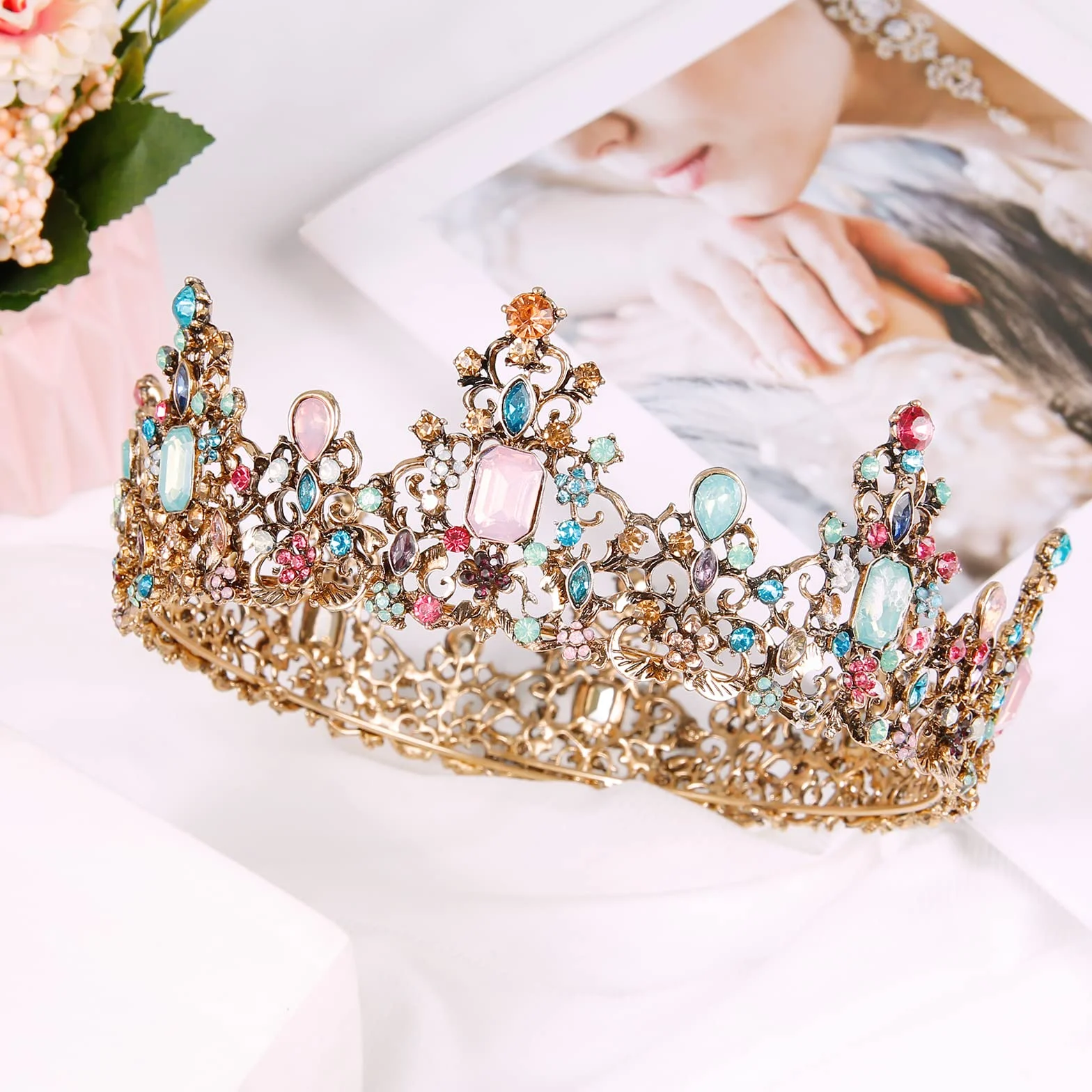 Kryształowa Korona, Ręcznie Robiona Opaska na Głowę, Błyszcząca Diadem, Biżuteria do Włosów, Wielokolorowy Bursztyn