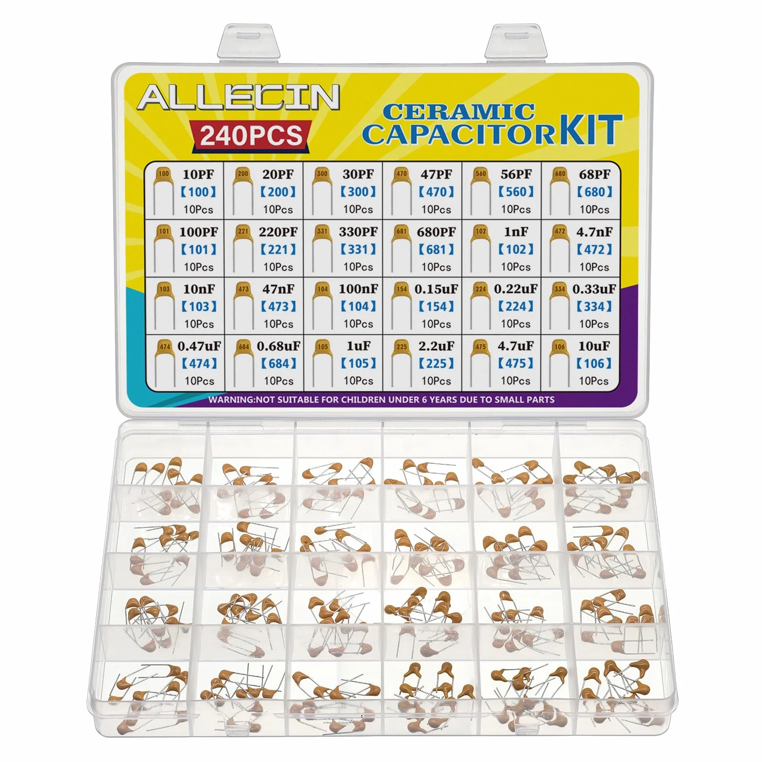 24 wartości monolityczny zestaw kondensatorów ceramicznych 10pF 20pF 30pF 47pF 56pF 68pF 100pF 330pF 680pF 1nF 4,7nF 10nF 47nF 100nF 0,15uF 0,22uF 0,22uF 0,333uF 00 .47uF 0,68uF 1uF 2,2uF