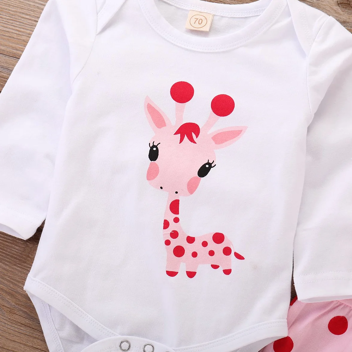 cute newborn baby girl ubrania żyrafa top + pudrowe spodnie w kropki + kapelusz zestaw odzieży dziennej