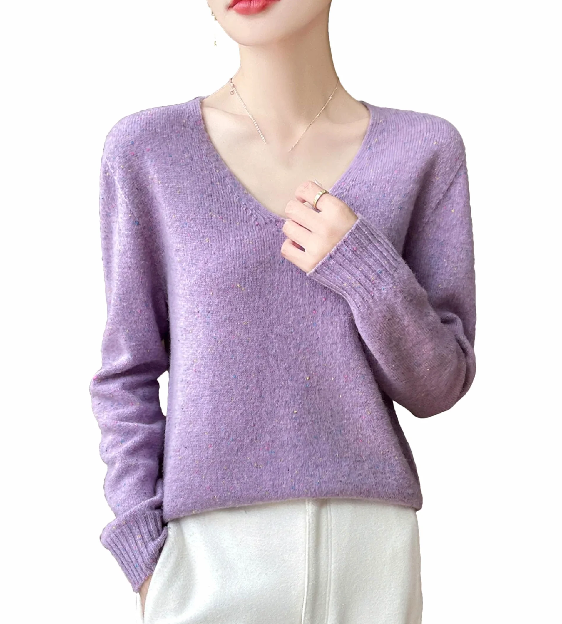 Damski kaszmirowy sweter z dekoltem w serek koreański sweter oversize swetry na co dzień luźne dzianinowe topy