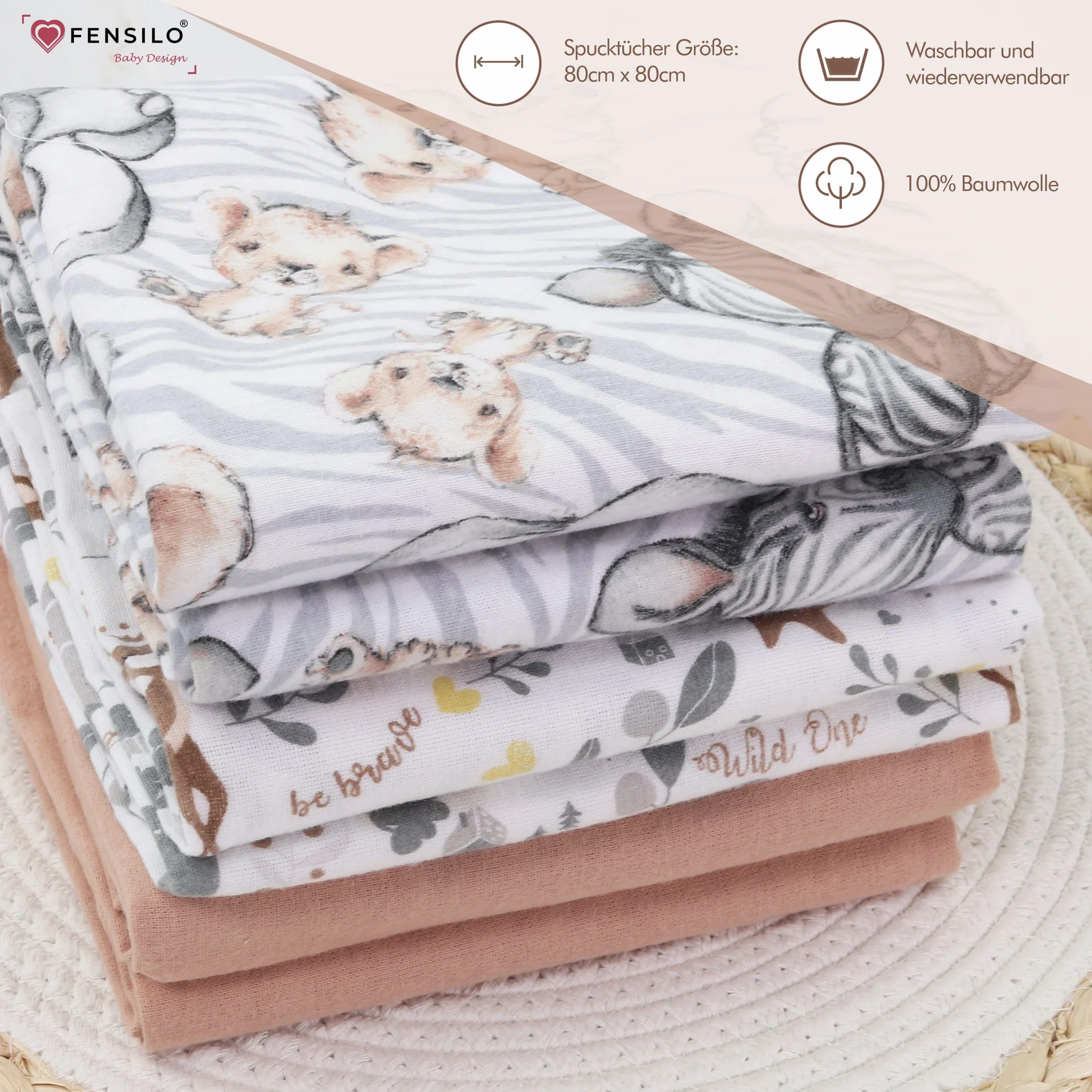 FENSILO Chusteczki Molton, 5 sztuk, pieluchy flanelowe ze 100% bawełny, 80 x 80 cm, pieluchy Molton, chustki do ślinienia dziecka, flanelowe, uniseks, dla chłopców lub dziewczynek