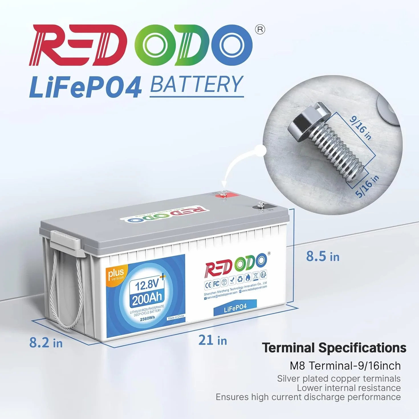 Redodo Akumulator LiFePO4 12V 200Ah Plus z BMS 200 A, 4000-15000 cykli eksploatacji, bateria litowa do kampera, furgonetki, panelu słonecznego, magazynowania energii poza siecią