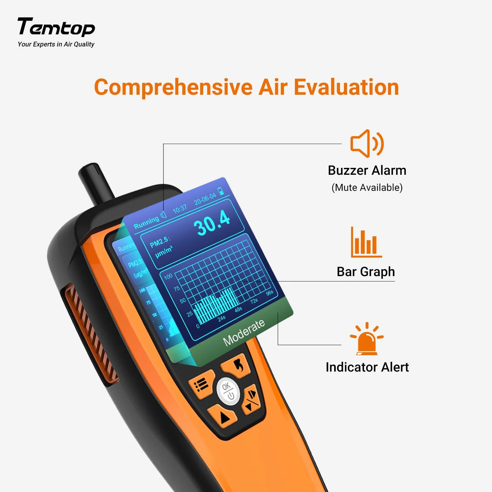 Temtop Monitor jakości powietrza – PM2.5, PM10, liczba cząstek, CO₂, HCHO, temperatura i wilgotność powietrza | Przenośne urządzenie do monitorowania jakości powietrza w pomieszczeniu