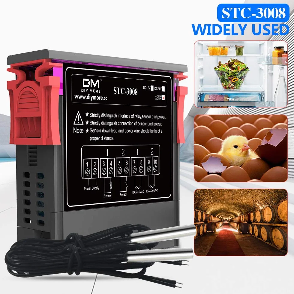 diymore STC-3008 regulator temperatury termostatu, cyfrowy, z podwójnym czujnikiem NTC, z sondą, do urządzeń grzewczych i chłodzących