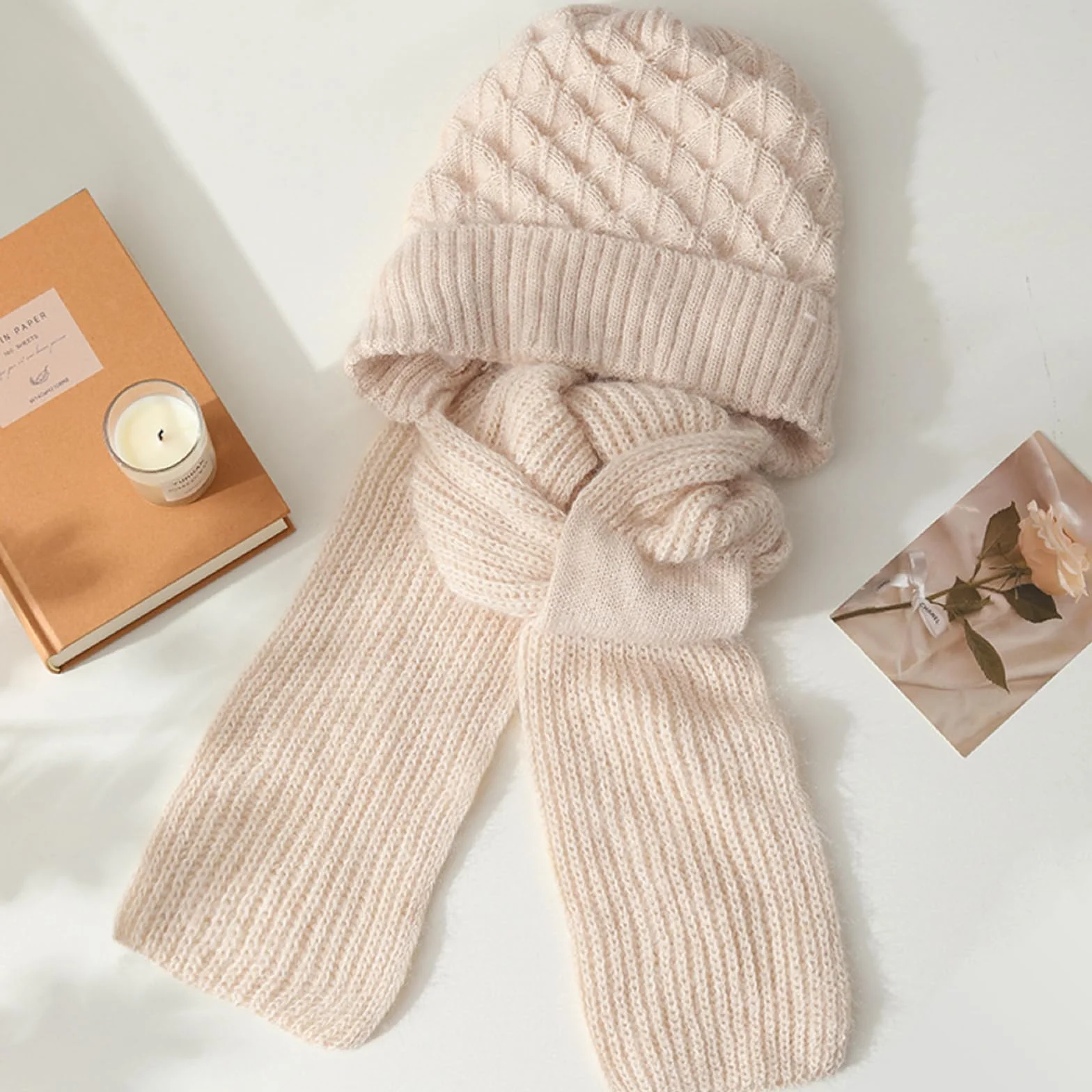 Zimowe rękawiczki damskie z czapką i szalikiem, dzianinowa czapka typu beanie pętla, elastyczna czapka z szalikiem dla kobiet, zimowa ciepła dzianinowa czapka, ciepła pluszowa podszewka