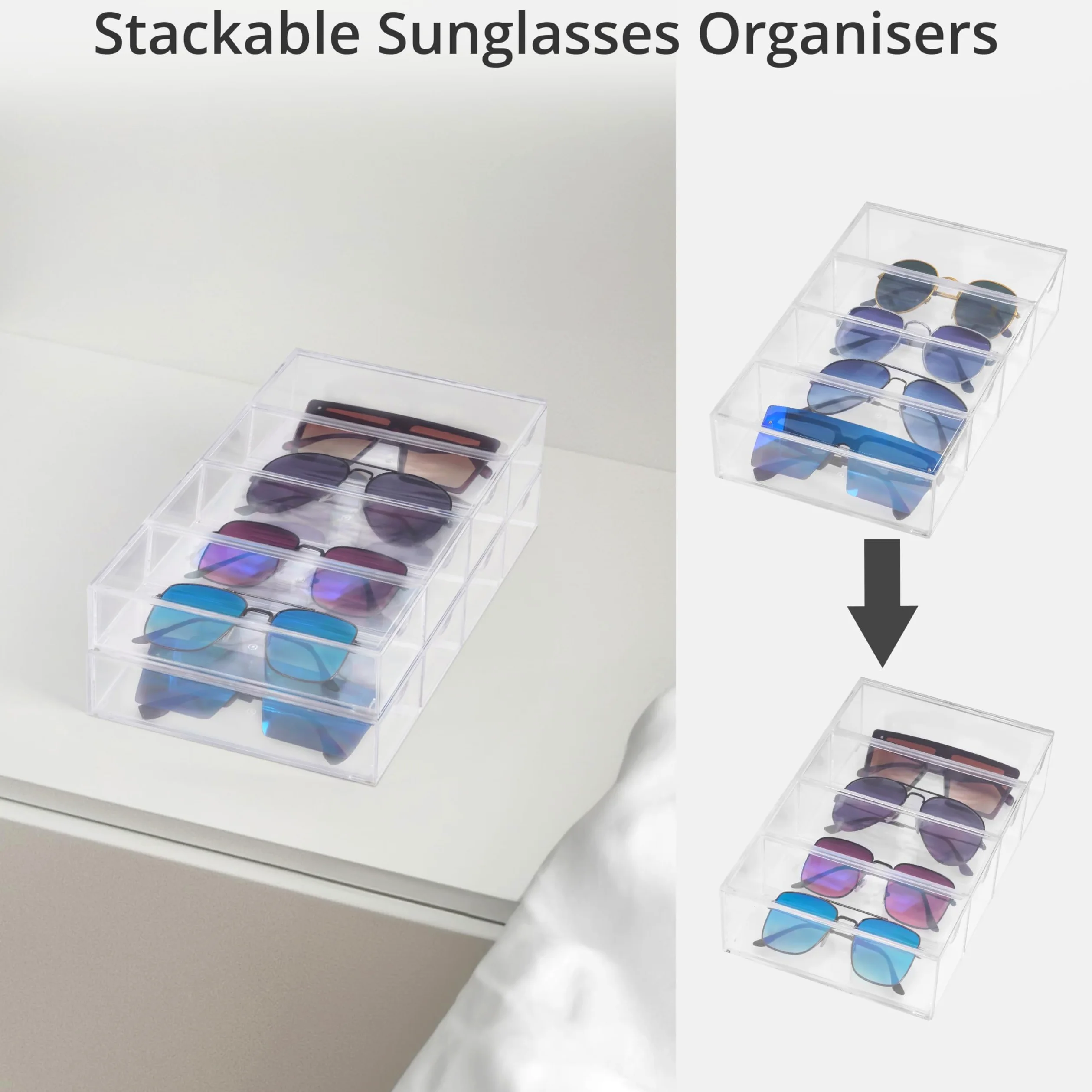 Winter Shore Organizer na Okulary z Akrylu z 4 Szufladami [Zestaw 2szt.] - Przezroczysty Pojemnik na Okulary, Okulary Przeciwsłoneczne i Akcesoria - Zestaw 2 Stosowalnych Organizerów na 8 Par Okularów
