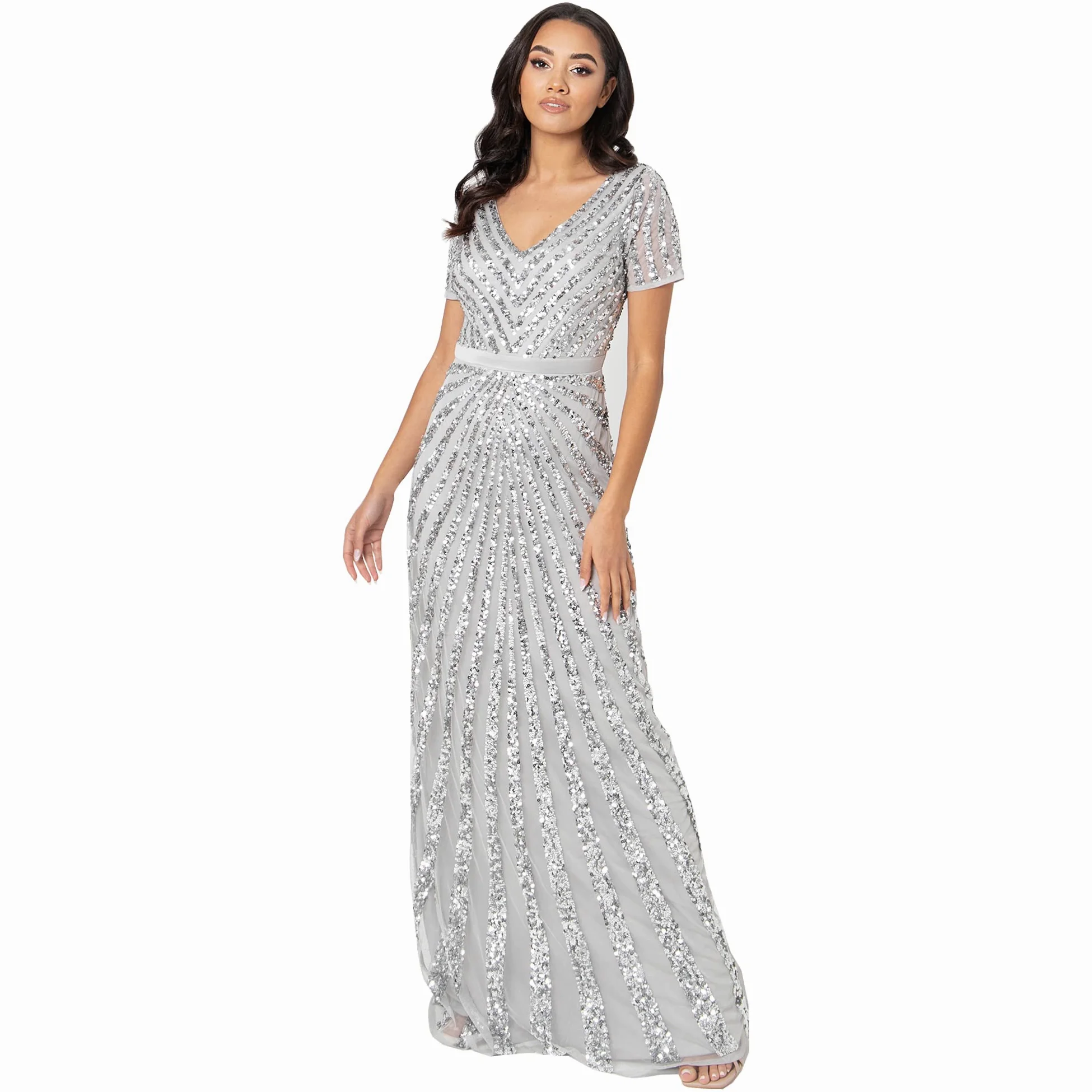 Maya Deluxe Damska sukienka maxi, damska, z wyszywanymi cekinami, z długim rękawem, dekolt w serek, wysoka talia, krój A, błyszcząca, na studniówkę, wesele, dla druhny, szary, 48