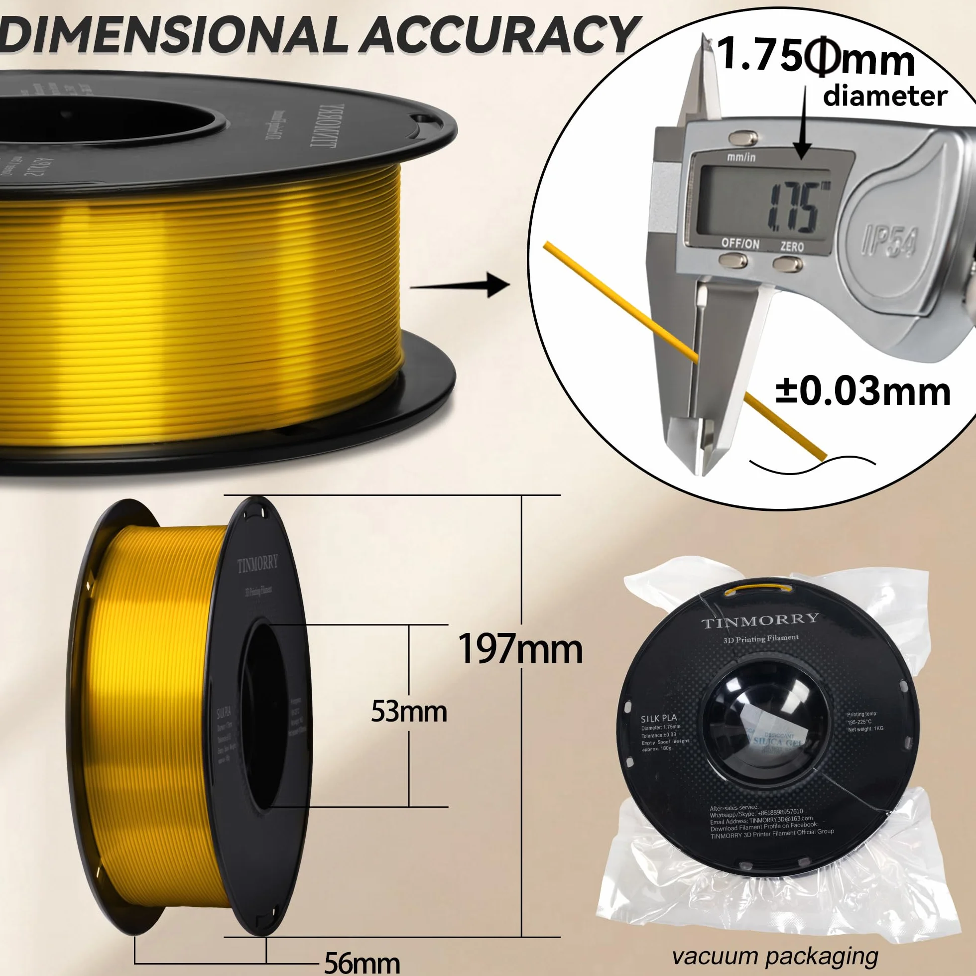 Silk filament PLA, 1,75 mm, Tinmorry, filament do drukarki 3D, 1 kg, 1 szpula, złoty