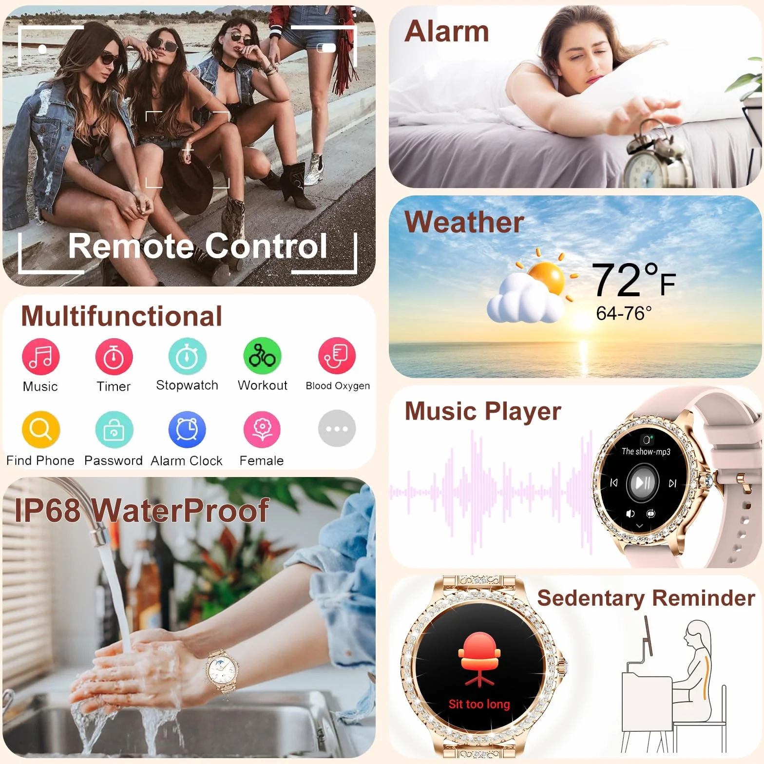Smartwatch damski Diamond, 1,32", cykl menstruacyjny, pulsometr, monitor snu, sterowanie muzyką, 110 trybów sportowych, zegarek z funkcją telefonu i połączeń