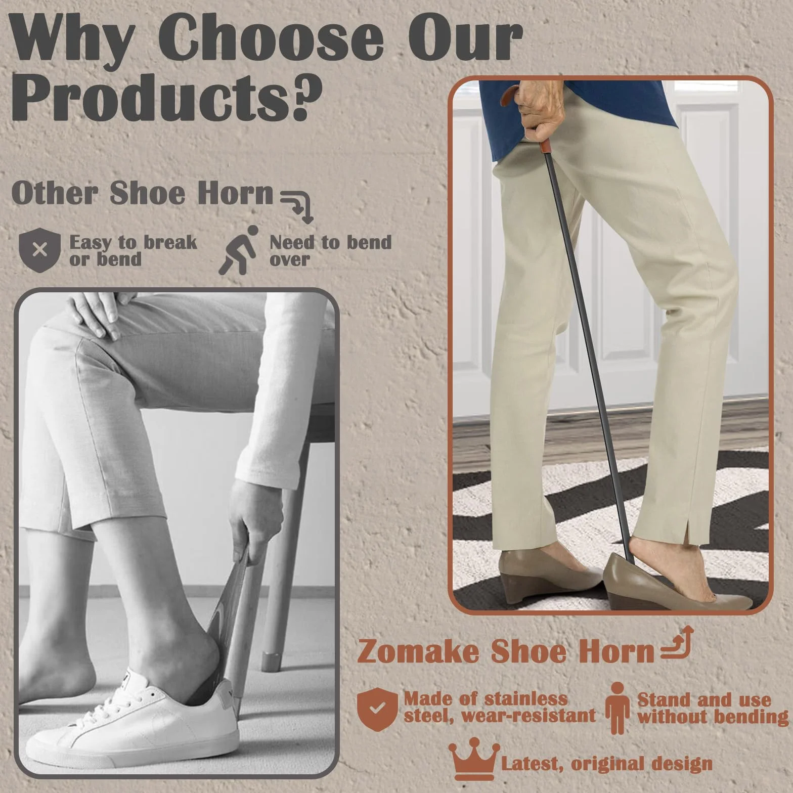 ZOMAKE Łyżka Do Butów Metalowa Bardzo Długa - 72 cm Łyżka Do Butów Stabilna,Łyżka Do Butów Ze Stali Nierdzewnej Długa Bardzo Stabilna Trwała Ergonomicznym Kształcie Dla Seniorów Mężczyzn Kobiet