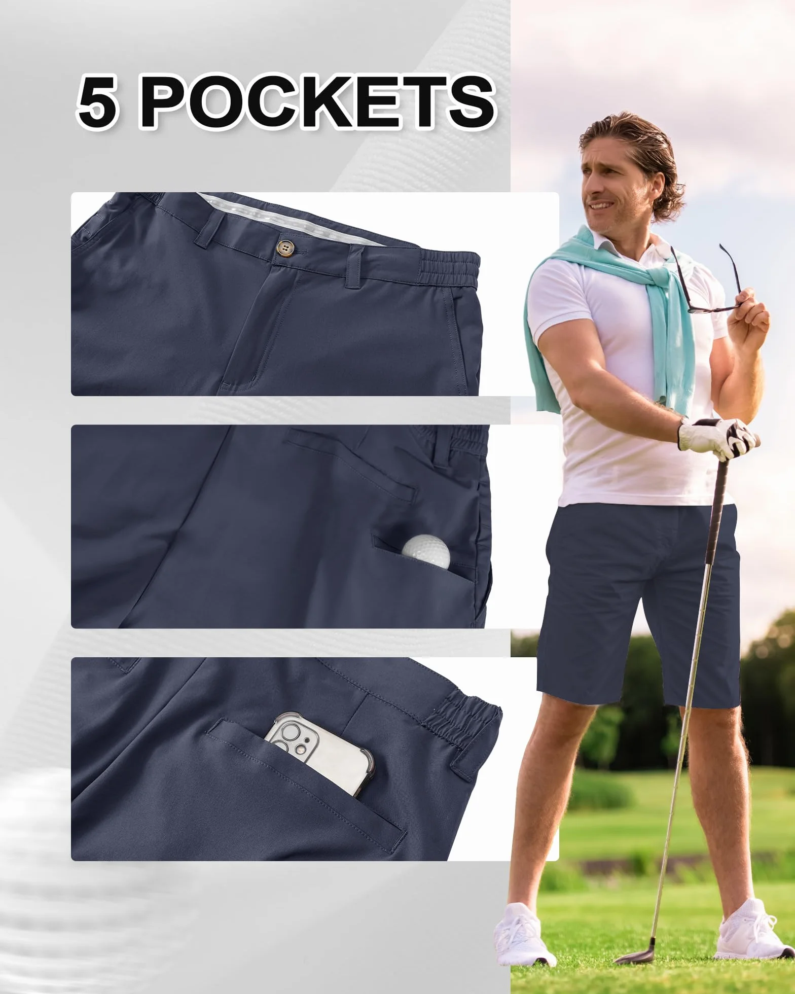 Outdoor Ventures Męskie szorty golfowe UPF 50+, elastyczne spodenki golfowe, lekkie, szybkoschnące, 20 cm, krótkie spodnie golfowe z 3 uchwytami na herbatę i kieszeniami do gry w golfa